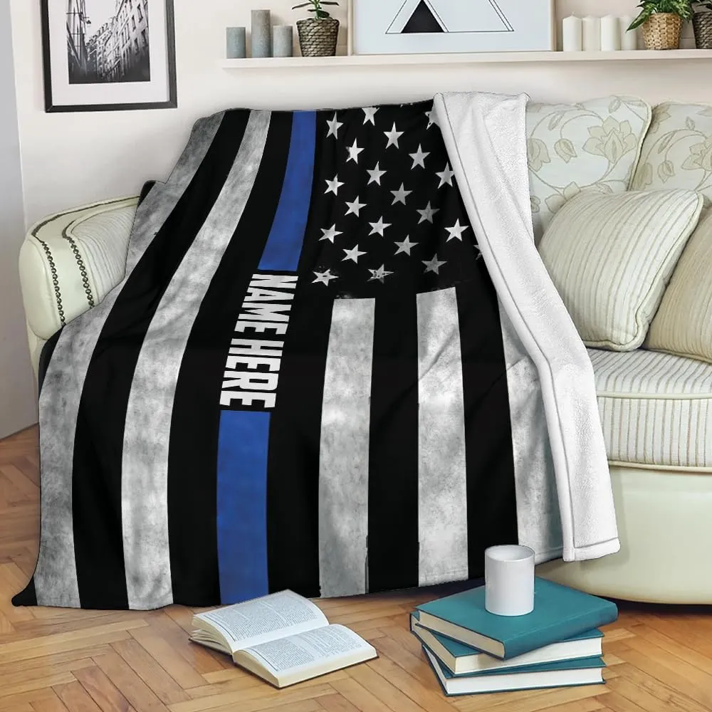 OhaPrints Custom Police Thin Blue Line Us American Flag Back The Blue Personalized Name Soft Sherpa Throw Blankets Cozy Fuzzy Fleece Throws for Tv Sofa Couch Comfy Fluffy Blanket 30X40 50X60 60X80