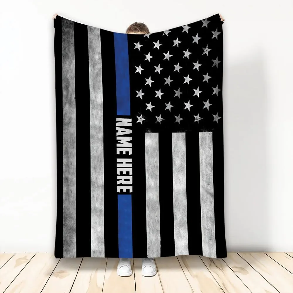 OhaPrints Custom Police Thin Blue Line Us American Flag Back The Blue Personalized Name Soft Sherpa Throw Blankets Cozy Fuzzy Fleece Throws for Tv Sofa Couch Comfy Fluffy Blanket 30X40 50X60 60X80