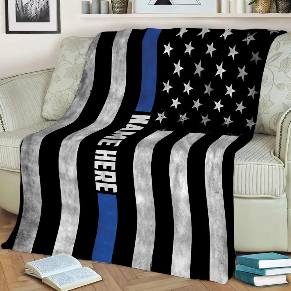 OhaPrints Custom Police Thin Blue Line Us American Flag Back The Blue Personalized Name Soft Sherpa Throw Blankets Cozy Fuzzy Fleece Throws for Tv Sofa Couch Comfy Fluffy Blanket 30X40 50X60 60X80