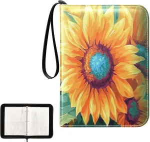 Oil Painting Sunflowers Card Binder 4 Pocket, Trading Card Holder Fits 400 Game Cards with 50 Removable Sleeves, MTG Card Case Standard Size