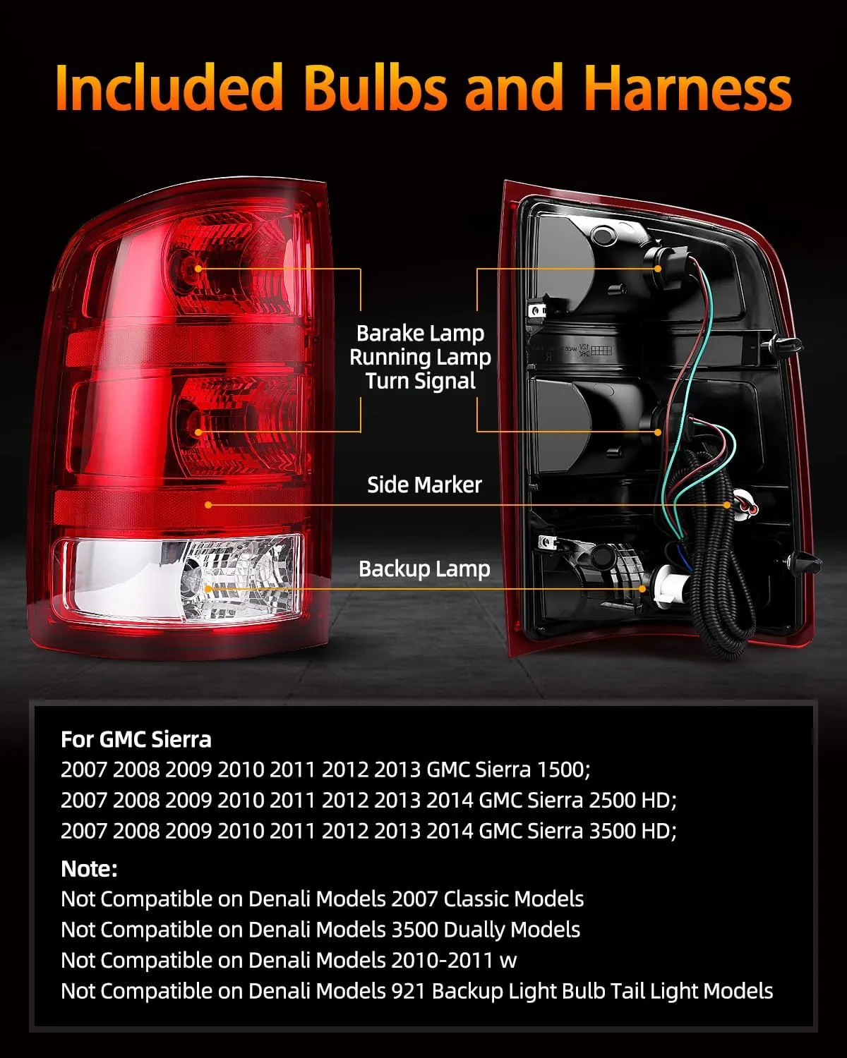 OKLPF Rear Brake Tail Light Compatible With 2007-2014 GMC Sierra 1500 2500HD 3500HD Replace 25958484 25958485,Replace Red Taillight Assembly,Included Bulbs and Harness,Driver and Passenger Side
