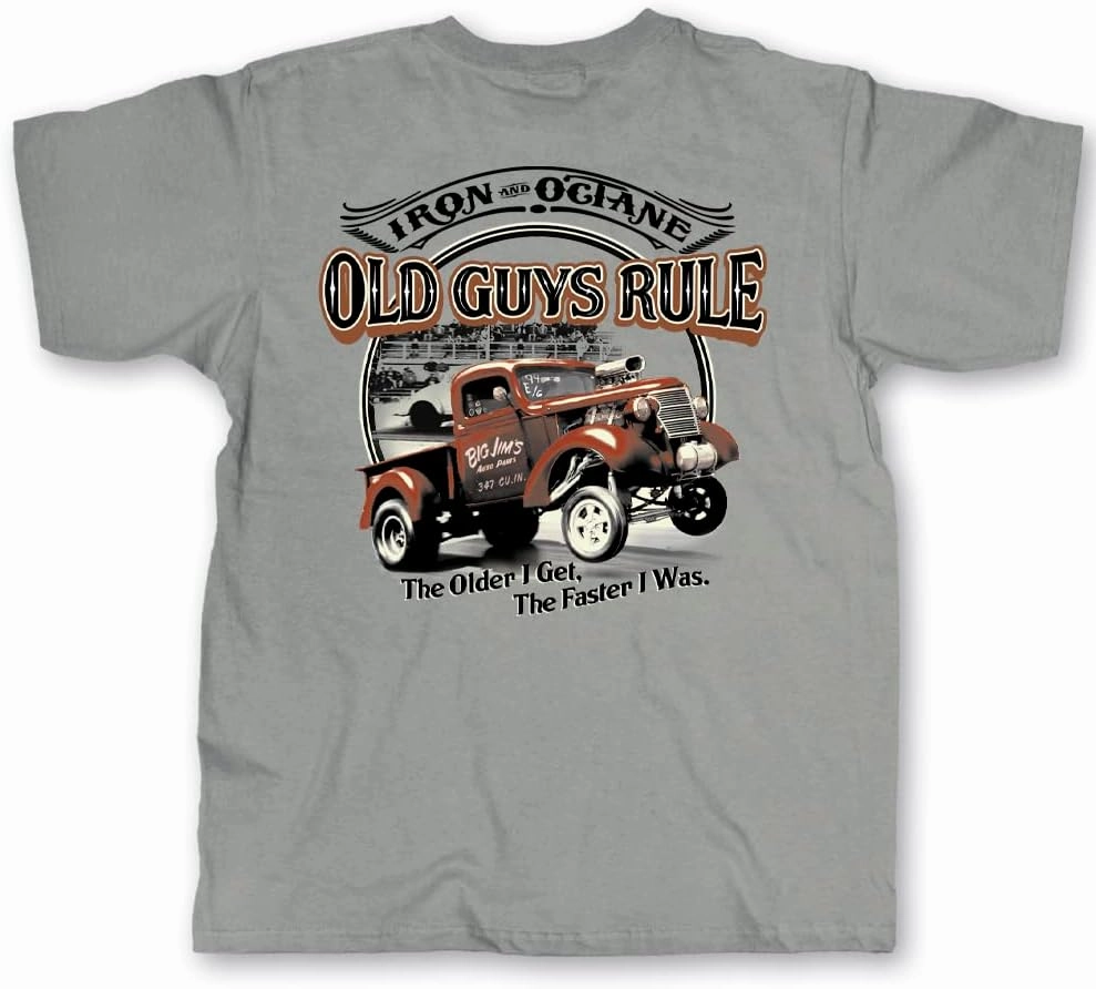 OLD GUYS RULE Men's Graphic T-Shirt, Iron and Octane - Father's Day, Birthday Gift - Novelty Tee for Classic Car Truck Lovers