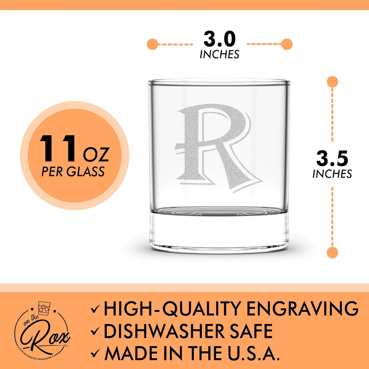 On The Rox Drinks (R-Monogram)- 4 Piece Set of 11 Ounce Engraved Heavy Base Rocks Glasses Elegant Glass-Multi-Purpose Beverage-Rocks Glass- Gift for any Occasion