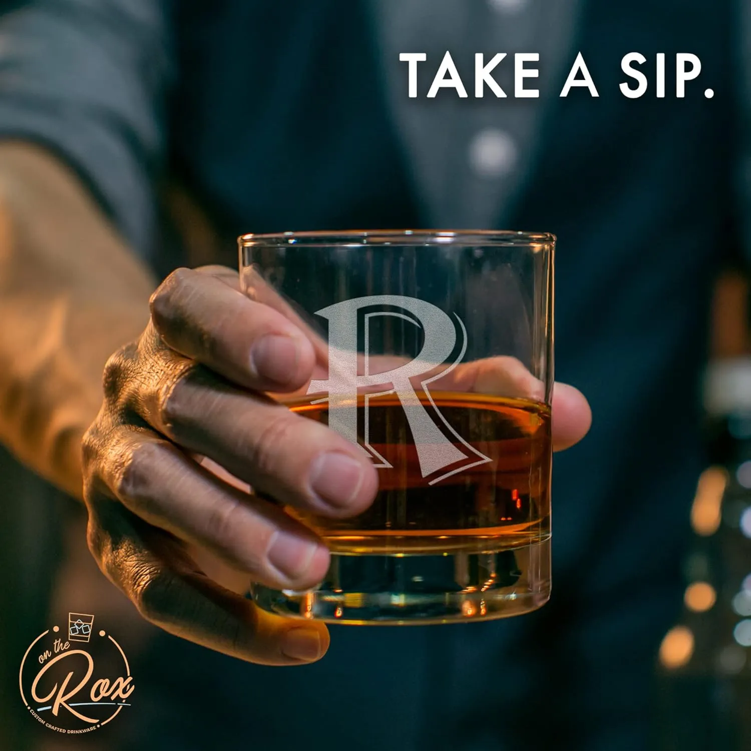 On The Rox Drinks (R-Monogram)- 4 Piece Set of 11 Ounce Engraved Heavy Base Rocks Glasses Elegant Glass-Multi-Purpose Beverage-Rocks Glass- Gift for any Occasion