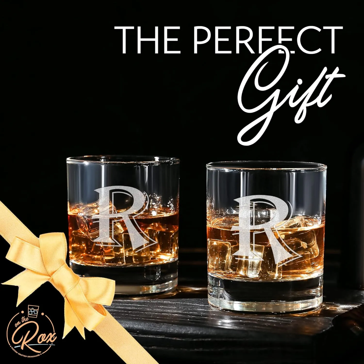 On The Rox Drinks (R-Monogram)- 4 Piece Set of 11 Ounce Engraved Heavy Base Rocks Glasses Elegant Glass-Multi-Purpose Beverage-Rocks Glass- Gift for any Occasion