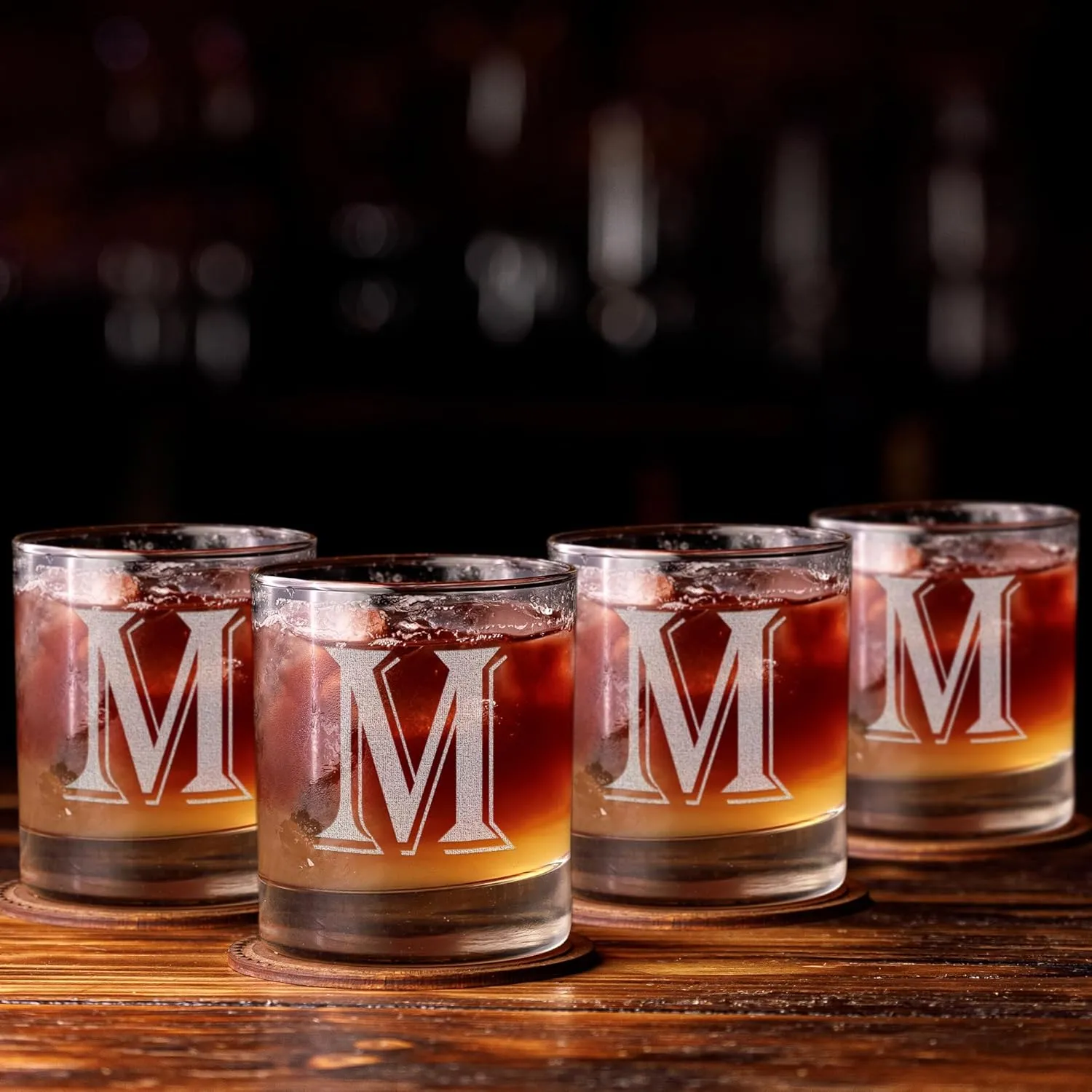On The Rox Drinks (R-Monogram)- 4 Piece Set of 11 Ounce Engraved Heavy Base Rocks Glasses Elegant Glass-Multi-Purpose Beverage-Rocks Glass- Gift for any Occasion