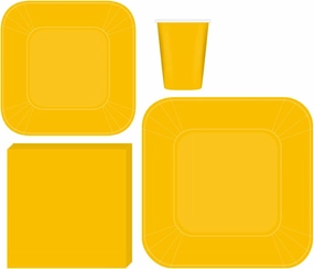 Oojami Complete Square Party Pack, Yellow Solid Disposable Paper Plates - 9 Inch Dinner & 7 Inch Dessert Plates, 9 oz Cups, 3 Ply Napkins Perfect for Baby Shower, Office & Birthday Parties, Serves 50