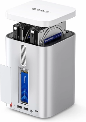 ORICO MiniTower 2 Bay RAID Enclosure Compatible NVMe SSD 10Gbps with Expansion Hub Docking Station for Mac Mini M4 Max Up to 56TB-M435