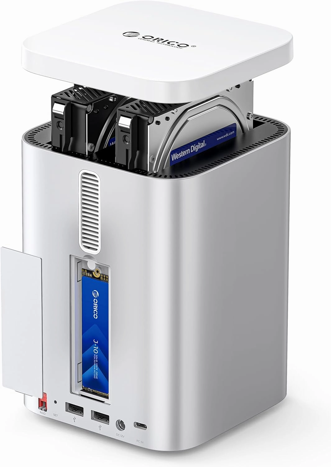 ORICO MiniTower 2 Bay RAID Enclosure Compatible NVMe SSD 10Gbps with Expansion Hub Docking Station for Mac Mini M4 Max Up to 56TB-M435