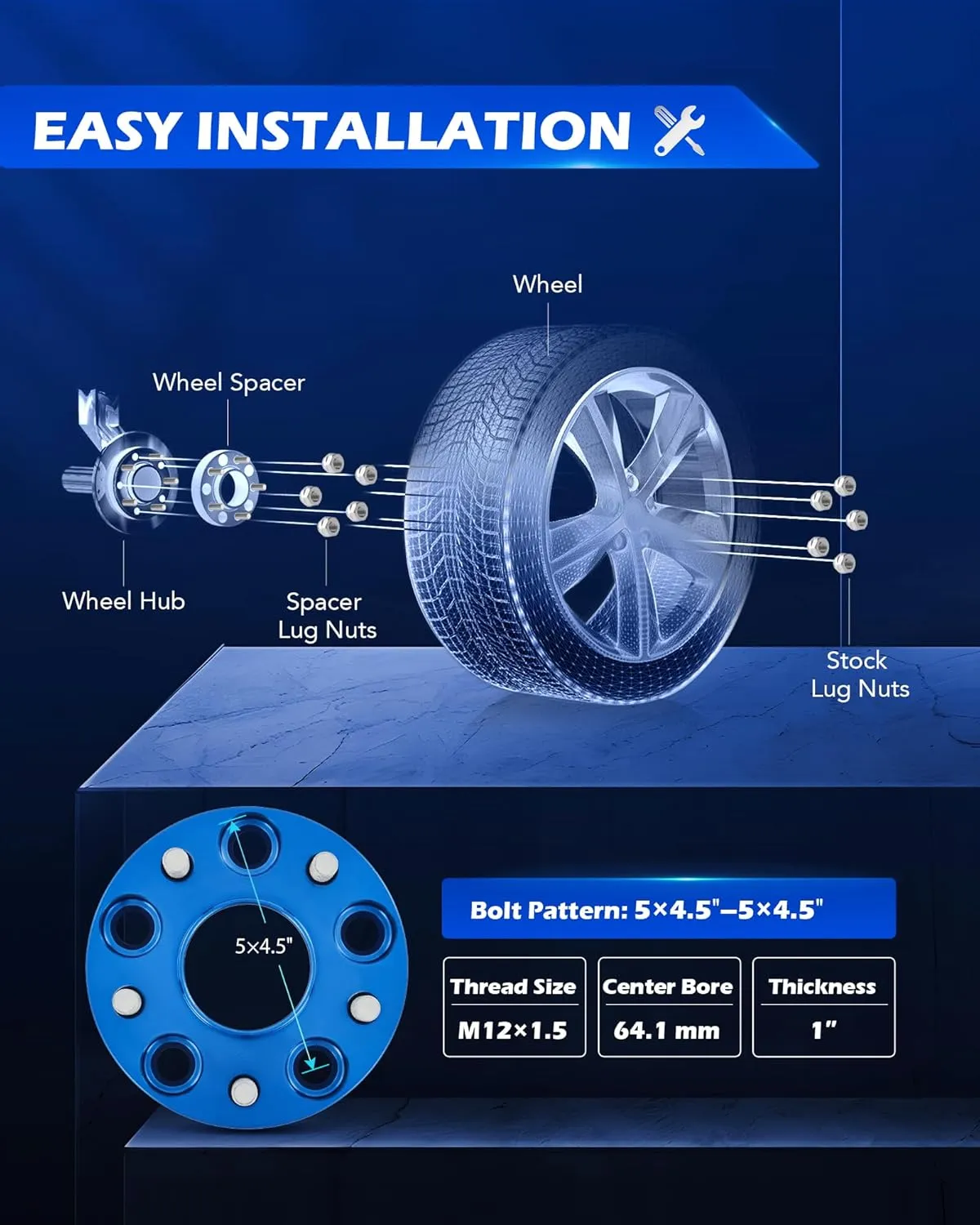 Orion Motor Tech Hub Centric 5x114.3 Wheel Spacers, 1" Blue Wheel Spacers with M12x1.5 Studs Compatible with Honda Accord Honda Civic Honda CRV Acura RSX Acura TL, 64.1mm Bore Wheel Spacer Kit, 4pcs