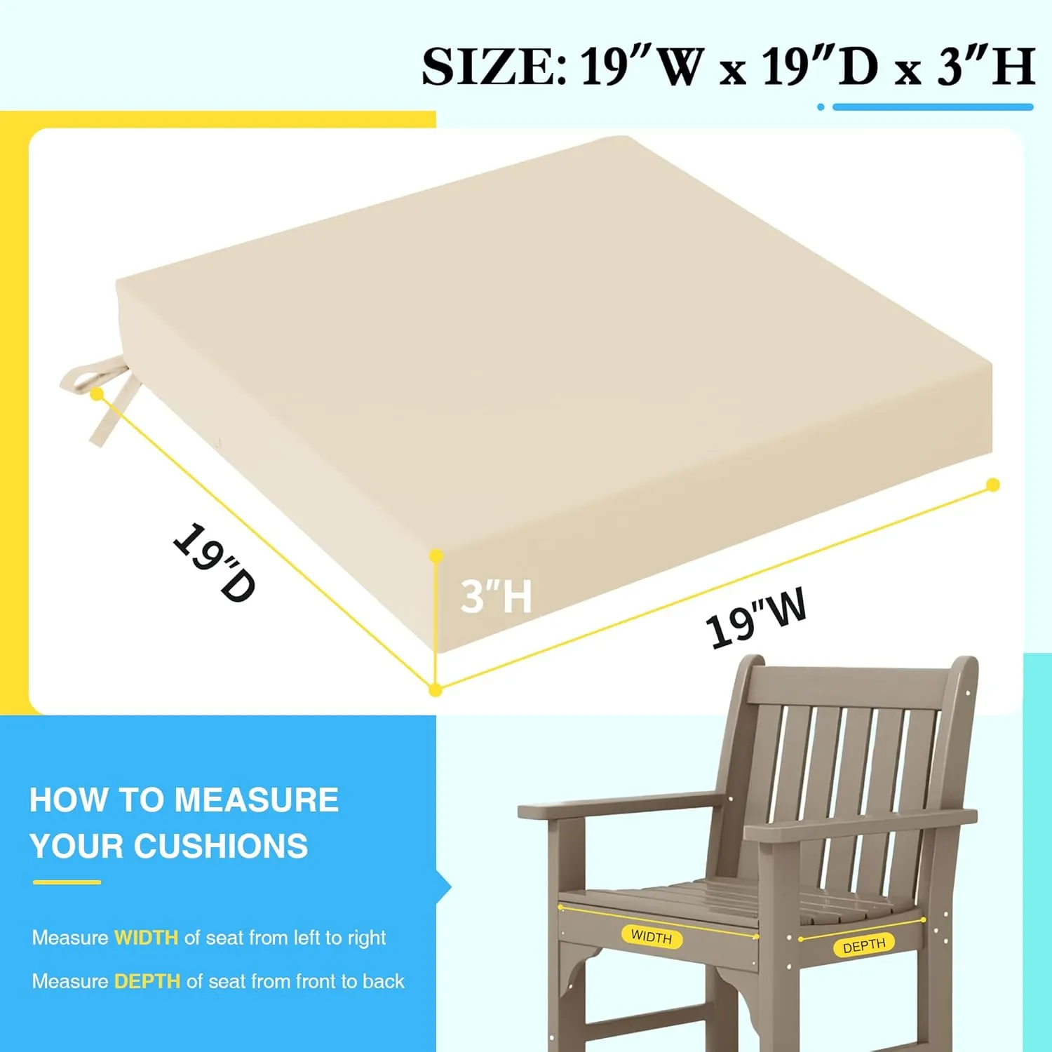 Outdoor Chair Cushions Patio for Furniture Set of 2 Seat Outside Waterproof 19 x 19 x 3 Inch Pads Thick Seating Large Square Light Khaki