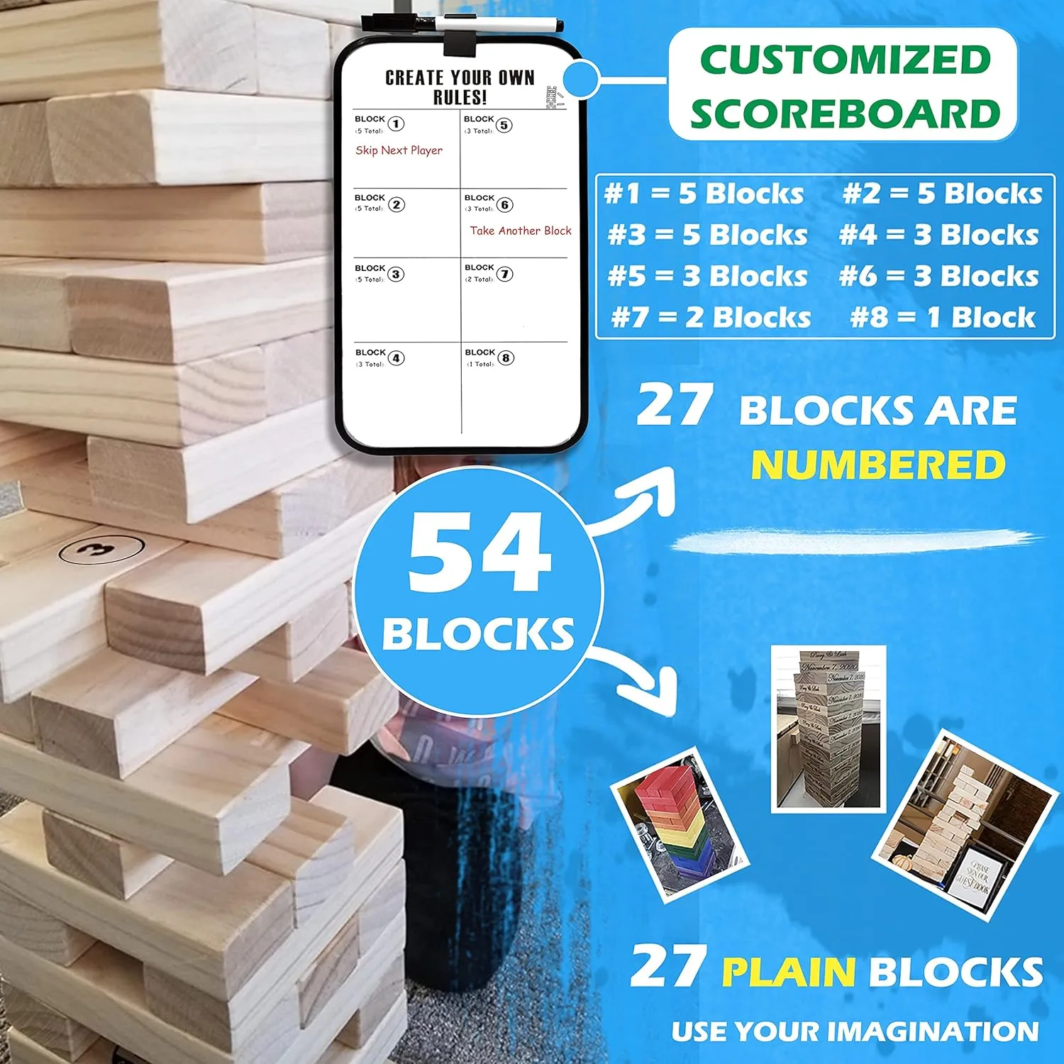 Outdoor Games Giant Tower Game Stacking Backyard Game Start from 2Ft to Over 4.2Ft Includes Customized Scoreboard and Carrying Case