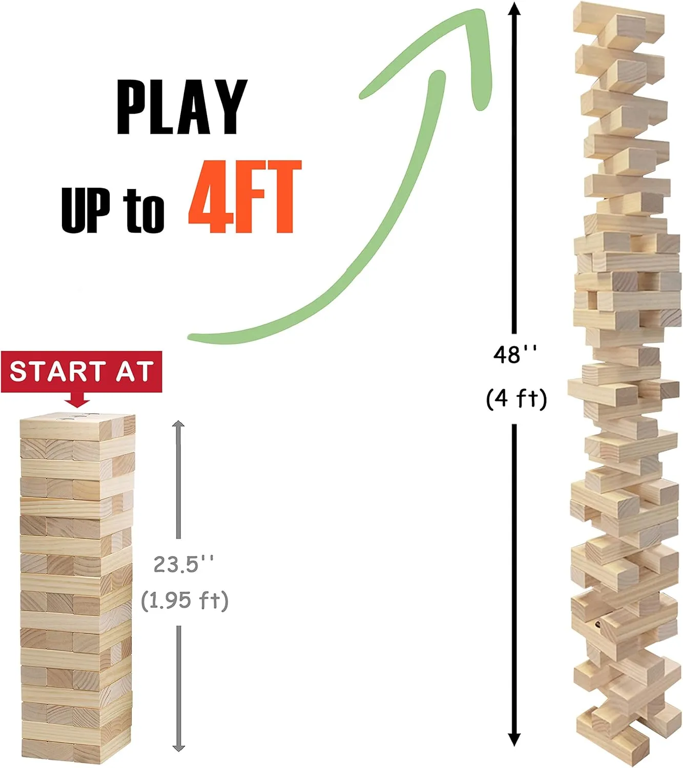 Outdoor Games Giant Tower Game Stacking Backyard Game Start from 2Ft to Over 4.2Ft Includes Customized Scoreboard and Carrying Case