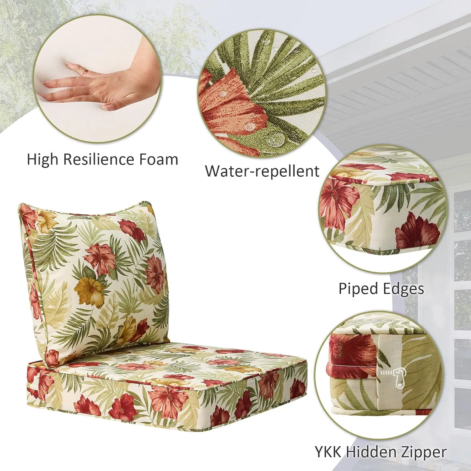 Outdoor Patio Chair Cushions Set, 24" x 24", Set of 2, Water-Repellent, Fade Resistant, Deep Seat Bottom and Back Cushion for Backyard, Couch, Sofa and Patio Furniture, Green Leaf Flower