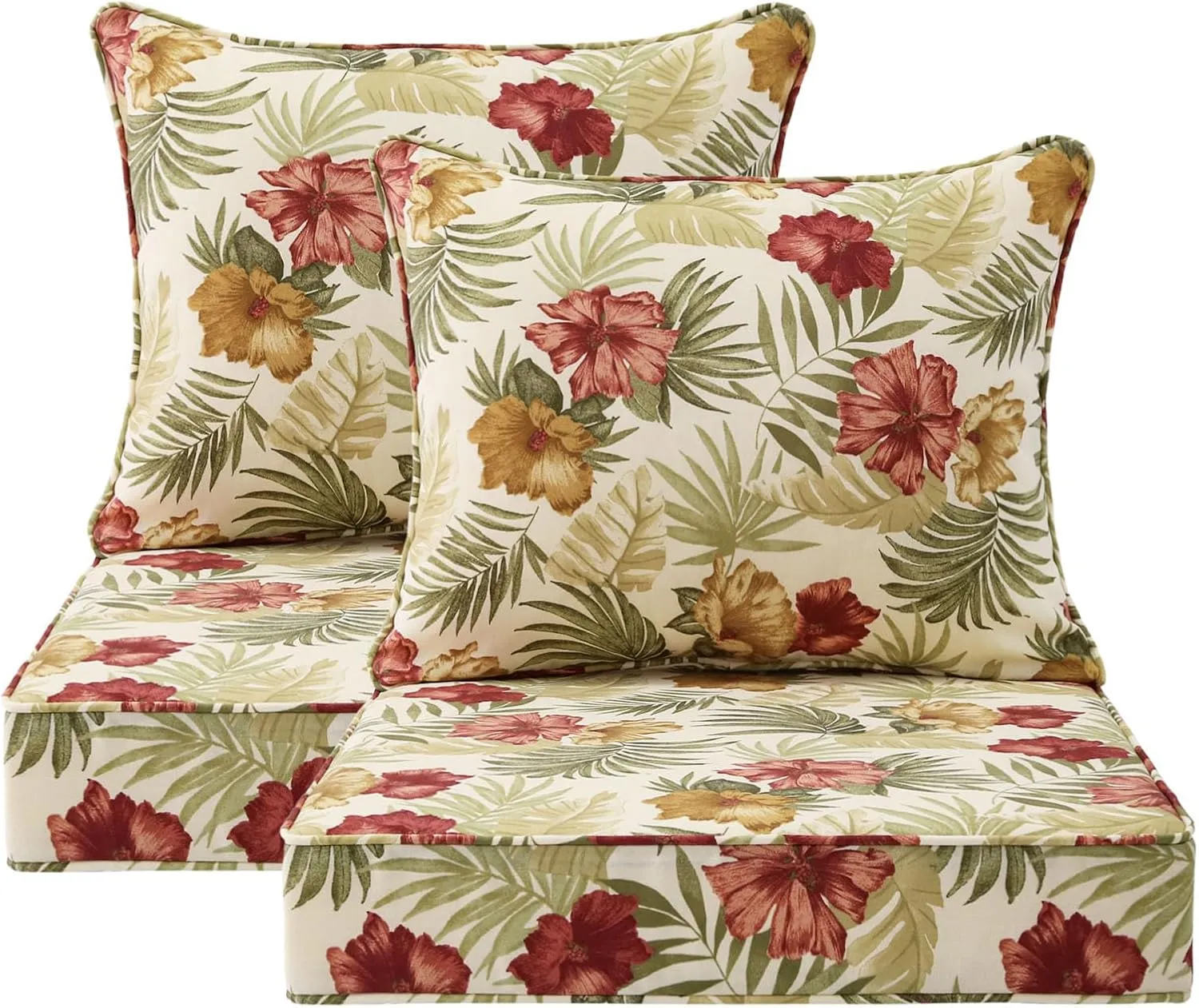 Outdoor Patio Chair Cushions Set, 24" x 24", Set of 2, Water-Repellent, Fade Resistant, Deep Seat Bottom and Back Cushion for Backyard, Couch, Sofa and Patio Furniture, Green Leaf Flower