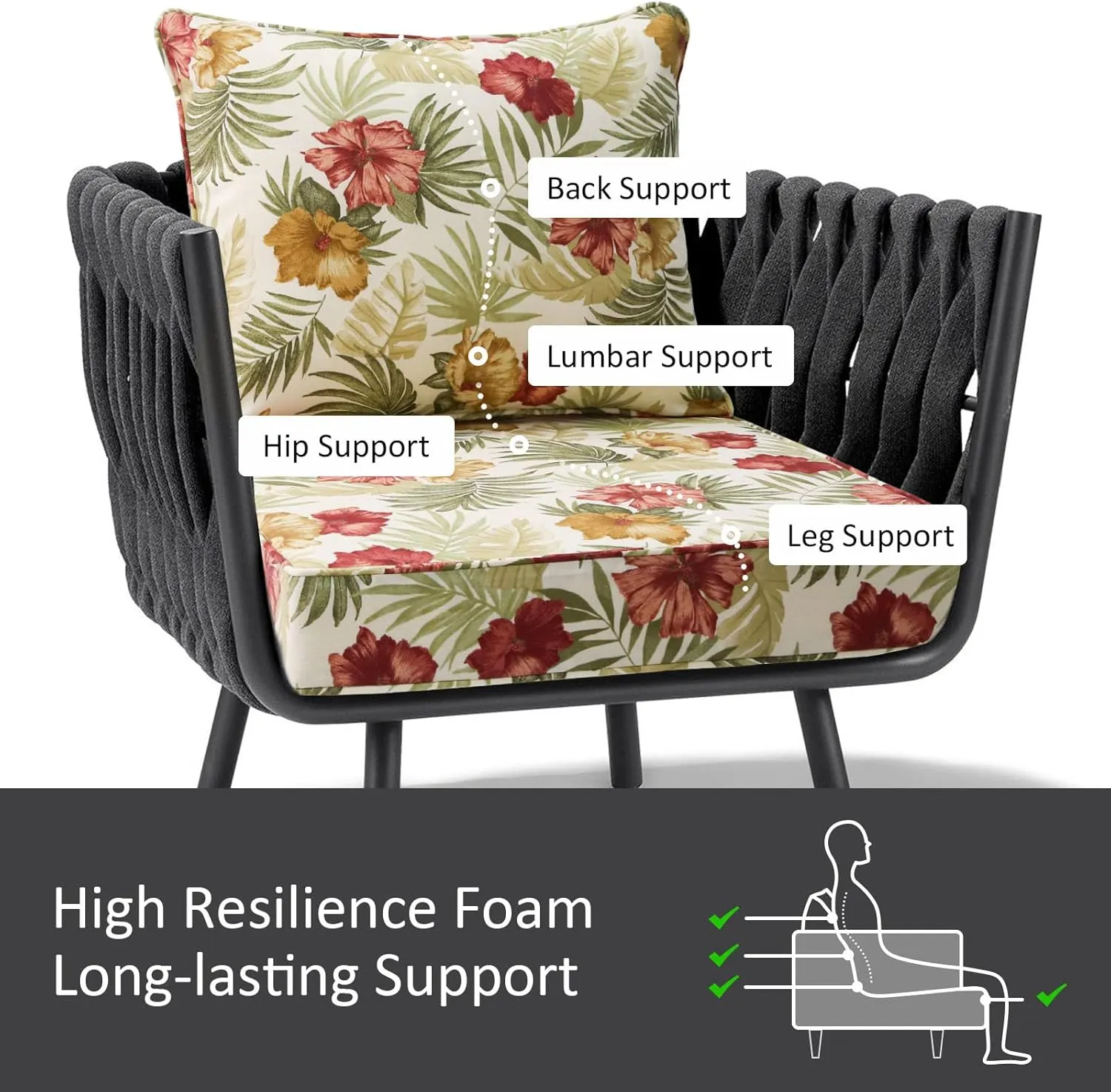 Outdoor Patio Chair Cushions Set, 24" x 24", Set of 2, Water-Repellent, Fade Resistant, Deep Seat Bottom and Back Cushion for Backyard, Couch, Sofa and Patio Furniture, Green Leaf Flower
