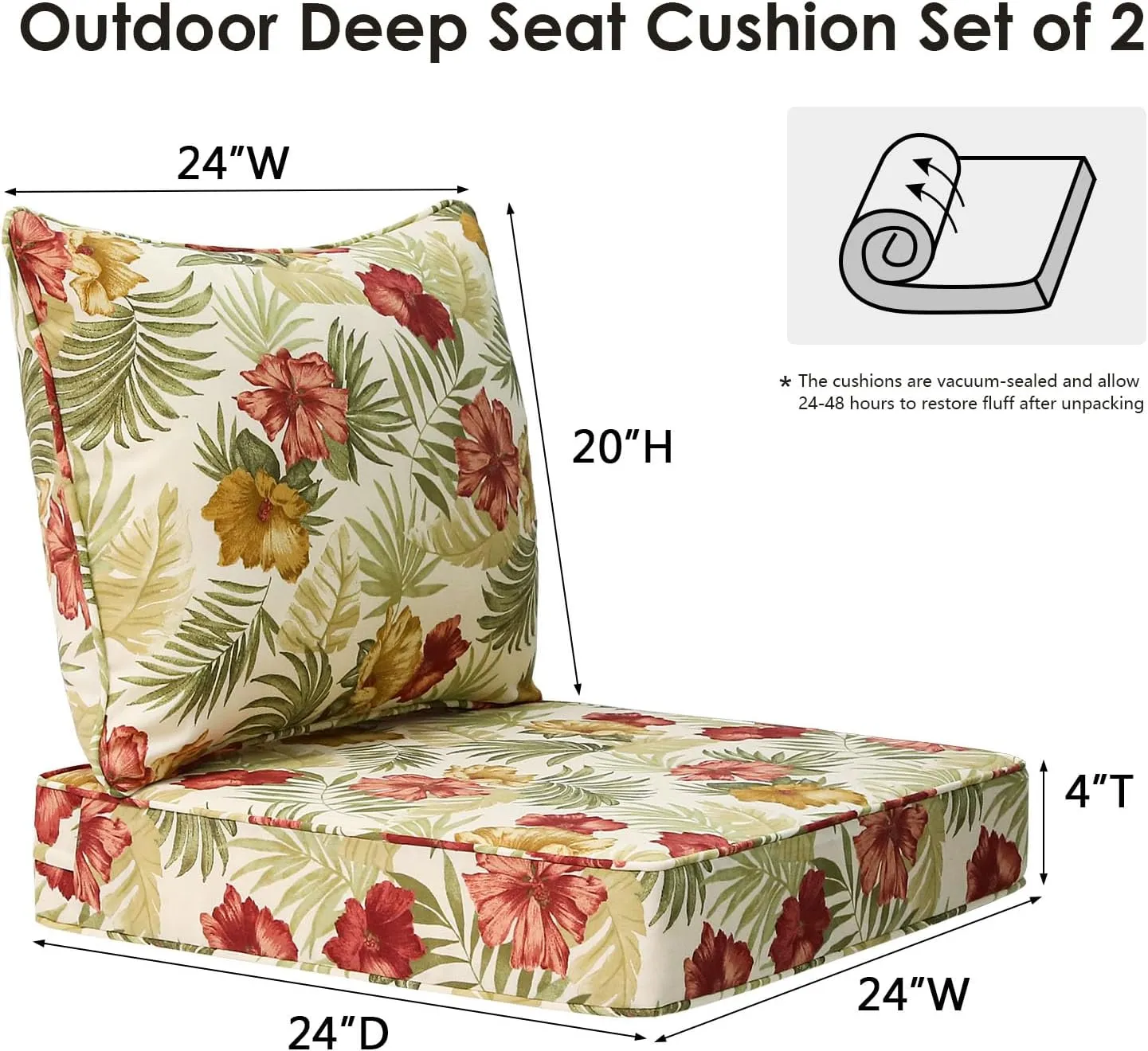 Outdoor Patio Chair Cushions Set, 24" x 24", Set of 2, Water-Repellent, Fade Resistant, Deep Seat Bottom and Back Cushion for Backyard, Couch, Sofa and Patio Furniture, Green Leaf Flower
