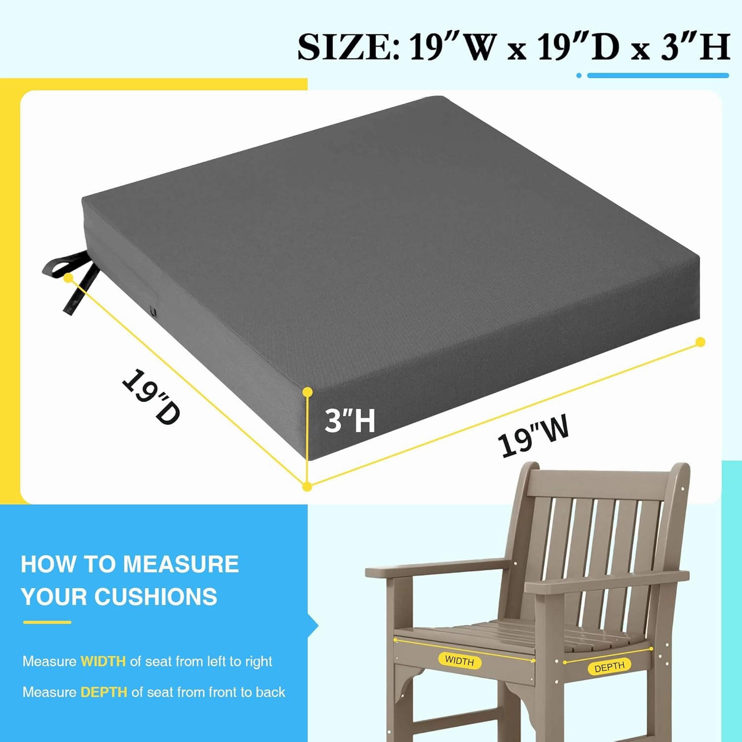Outdoor Chair Cushions Patio for Furniture Set of 2 Seat Outside Waterproof 19 x 19 x 3 Inch Pads Thick Seating Large Square Dark Grey
