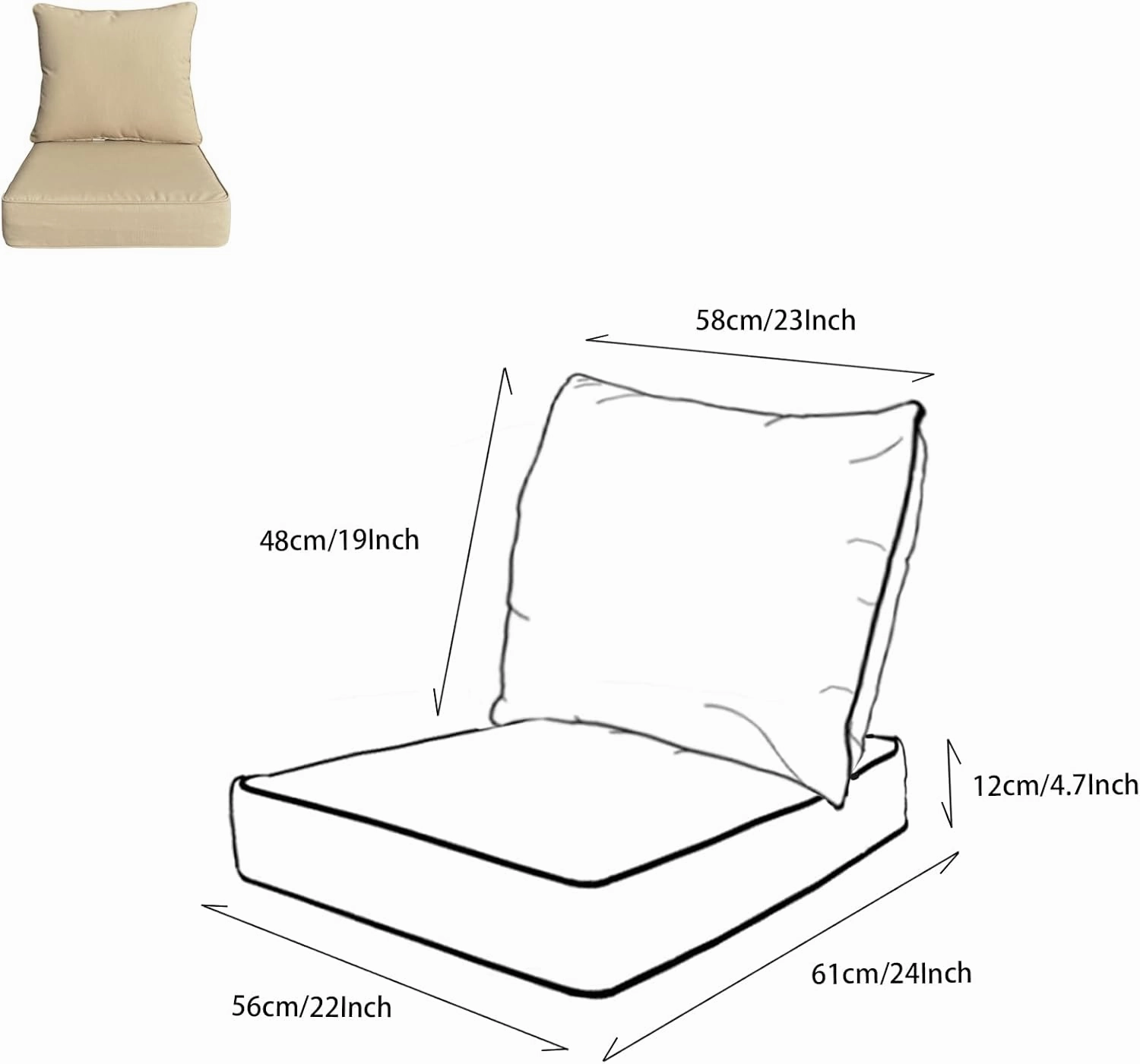 Outdoor/Indoor 22x24 inch Deep Seat Patio Cushions Set of 1 Resilient Foam Filling Water Repellent Stain-Resistant UV Resistant Weather Resistant Patio Cushions Beige