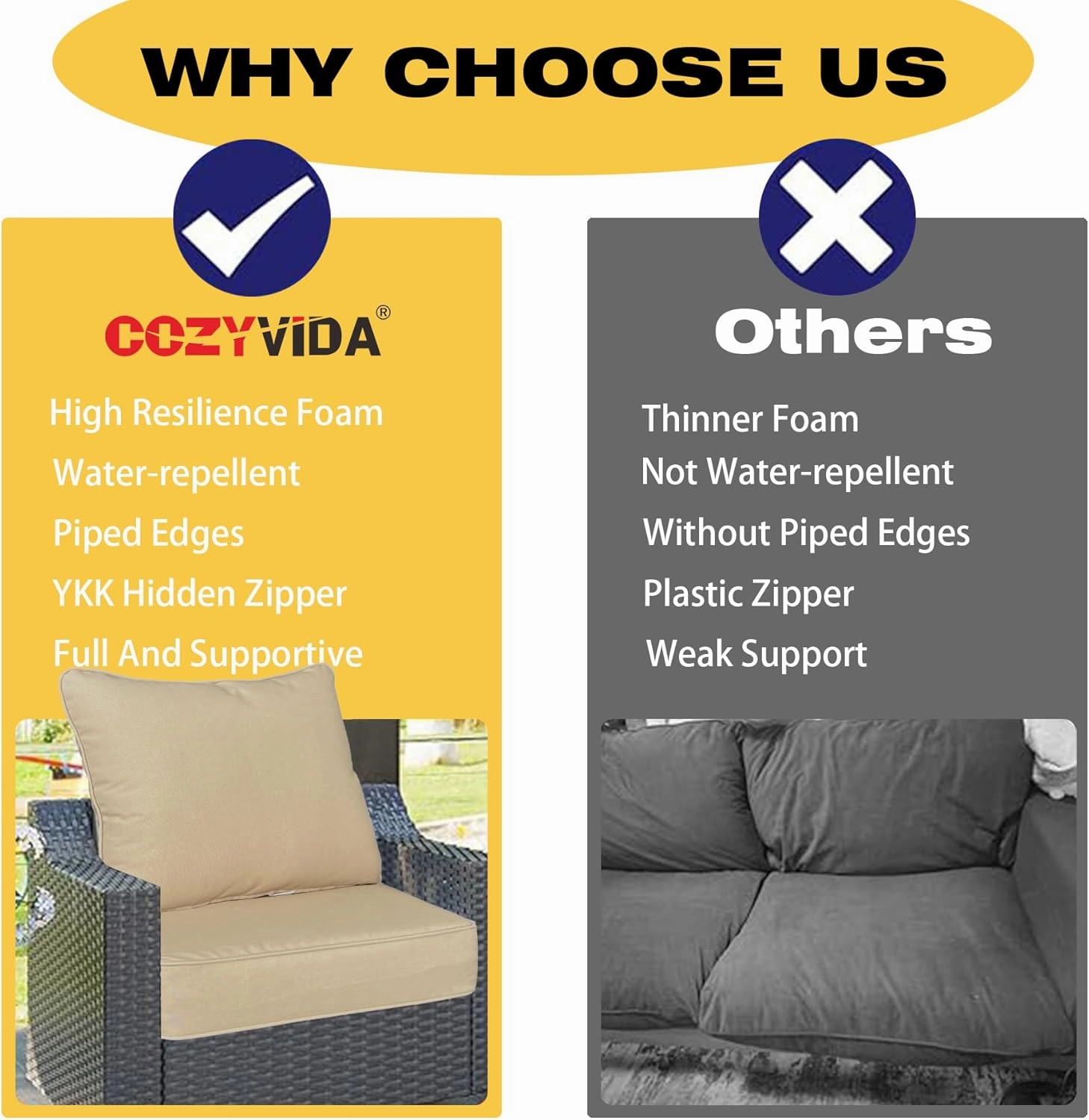 Outdoor/Indoor 22x24 inch Deep Seat Patio Cushions Set of 1 Resilient Foam Filling Water Repellent Stain-Resistant UV Resistant Weather Resistant Patio Cushions Beige