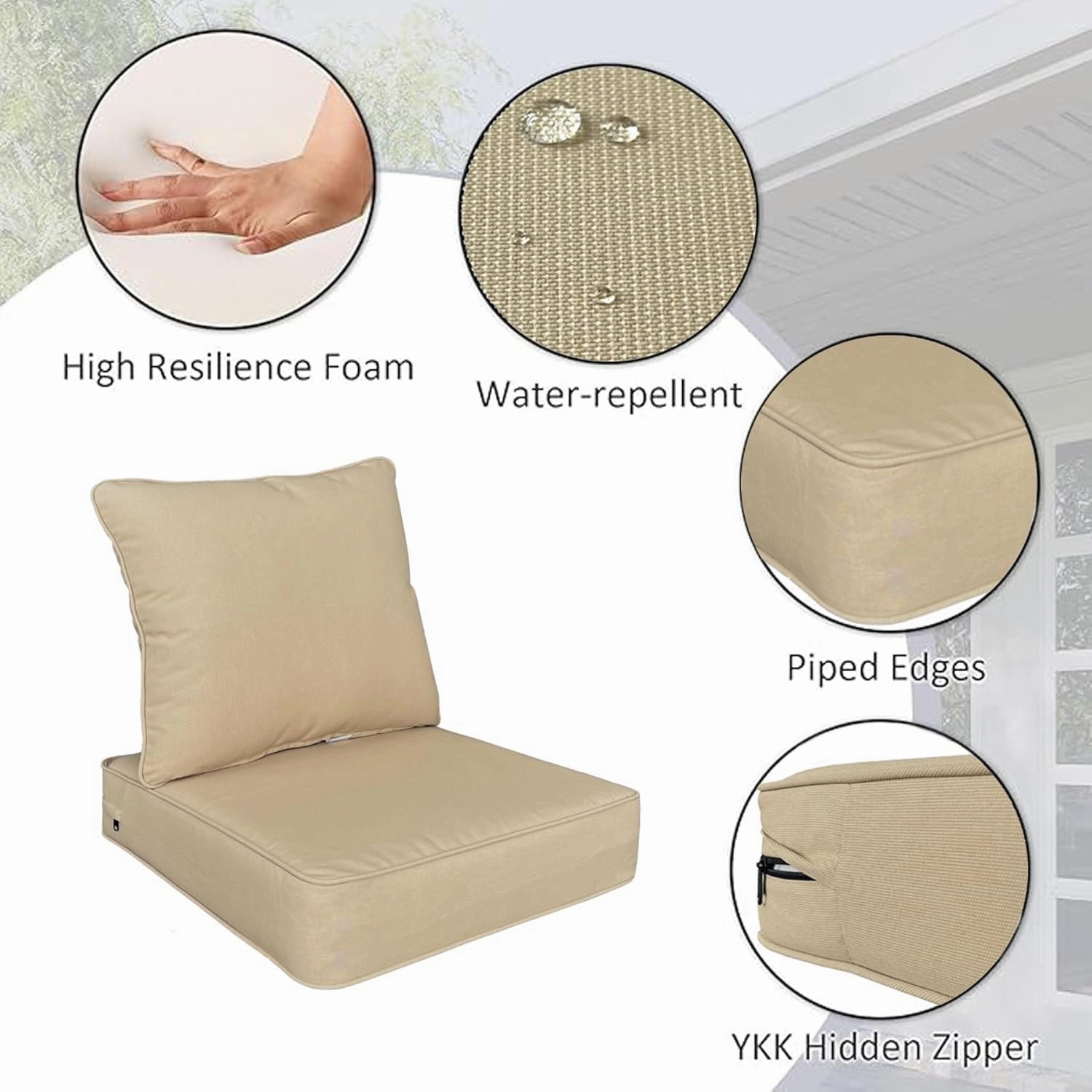 Outdoor/Indoor 22x24 inch Deep Seat Patio Cushions Set of 1 Resilient Foam Filling Water Repellent Stain-Resistant UV Resistant Weather Resistant Patio Cushions Beige