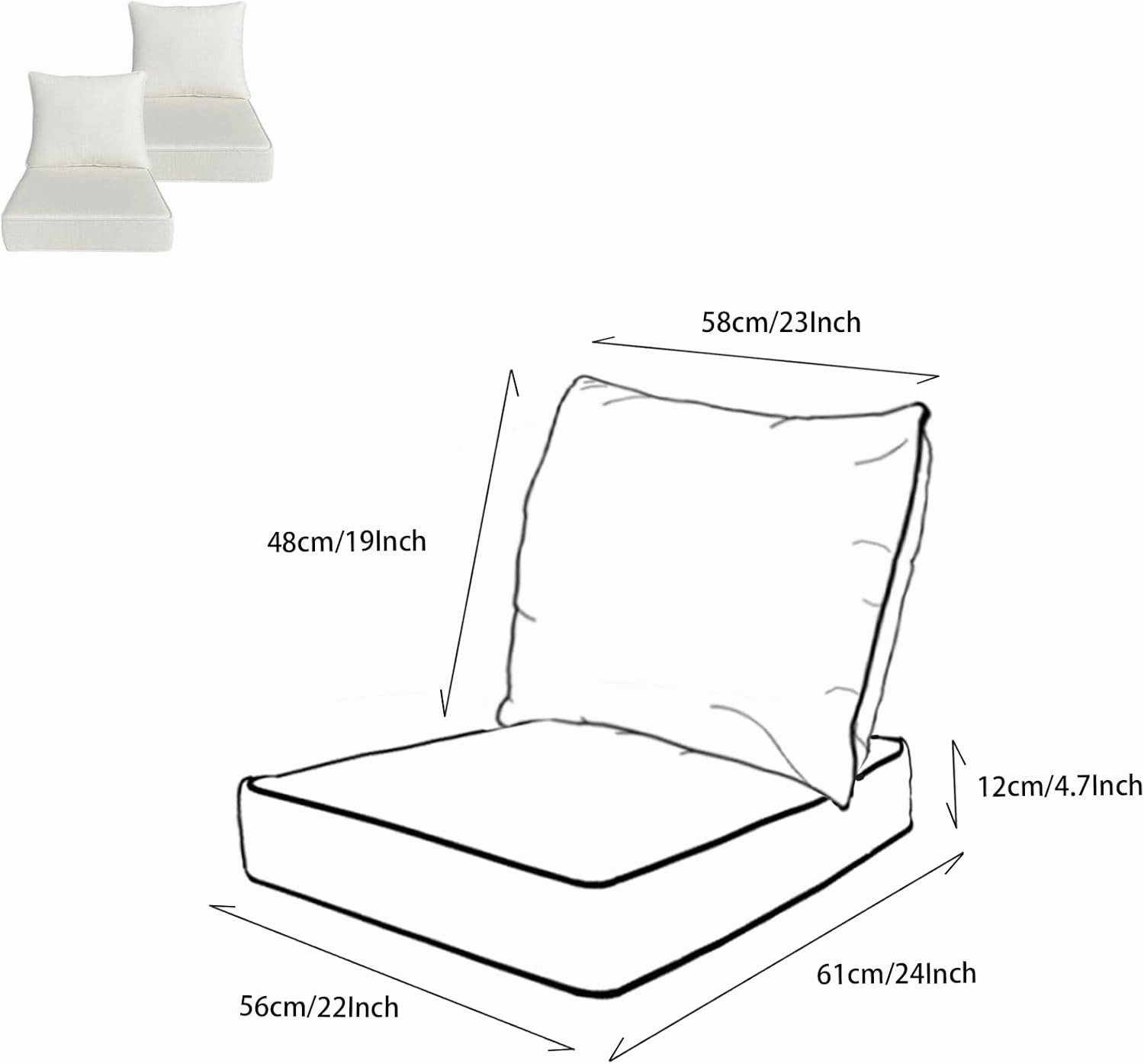 Outdoor/Indoor 22x24 inch Deep Seat Patio Cushions Set of 2 Resilient Foam Filling Water Repellent Stain-Resistant UV Resistant Weather Resistant Patio Cushions Cream White Bamboo