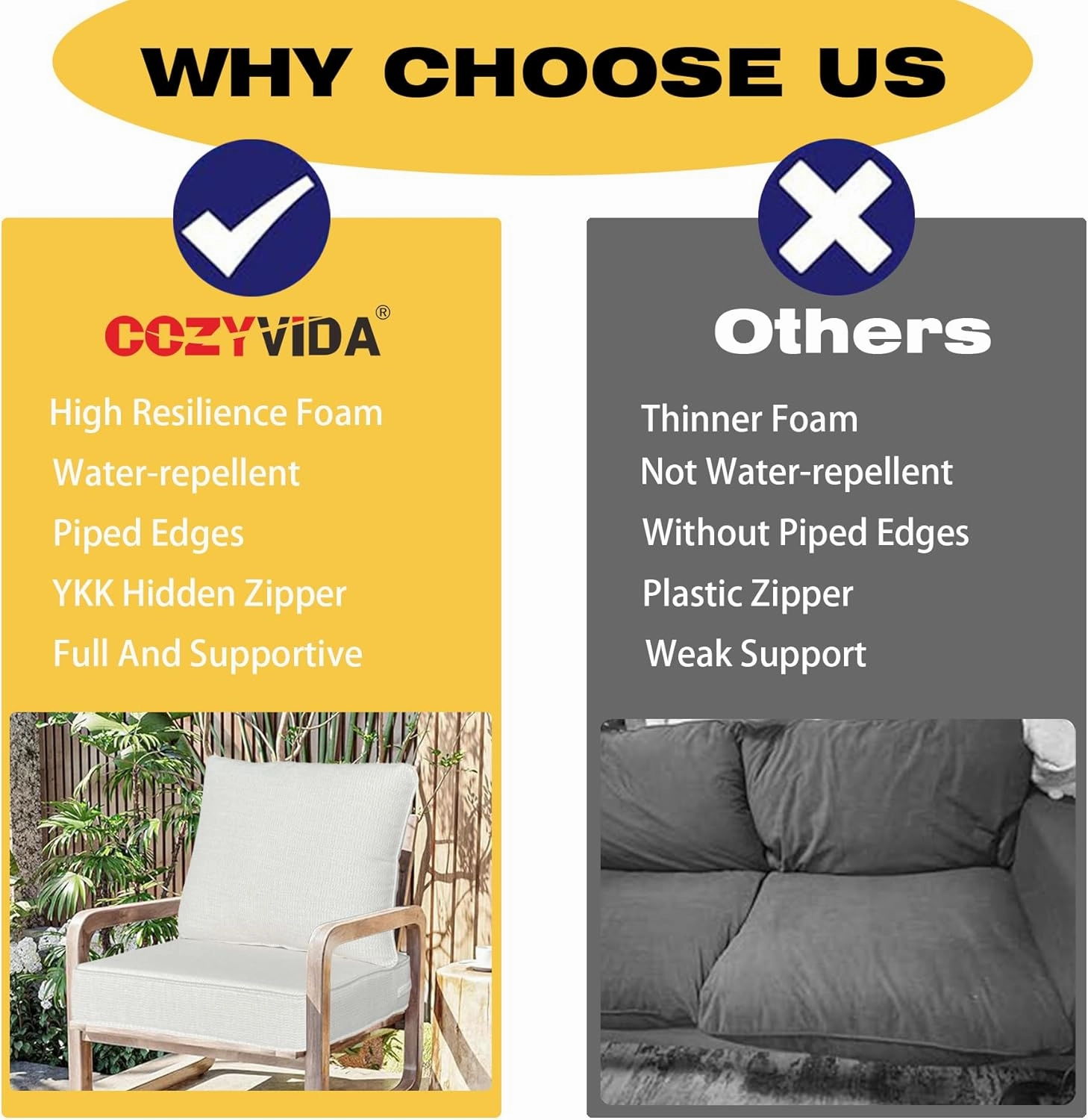 Outdoor/Indoor 22x24 inch Deep Seat Patio Cushions Set of 2 Resilient Foam Filling Water Repellent Stain-Resistant UV Resistant Weather Resistant Patio Cushions Cream White Bamboo