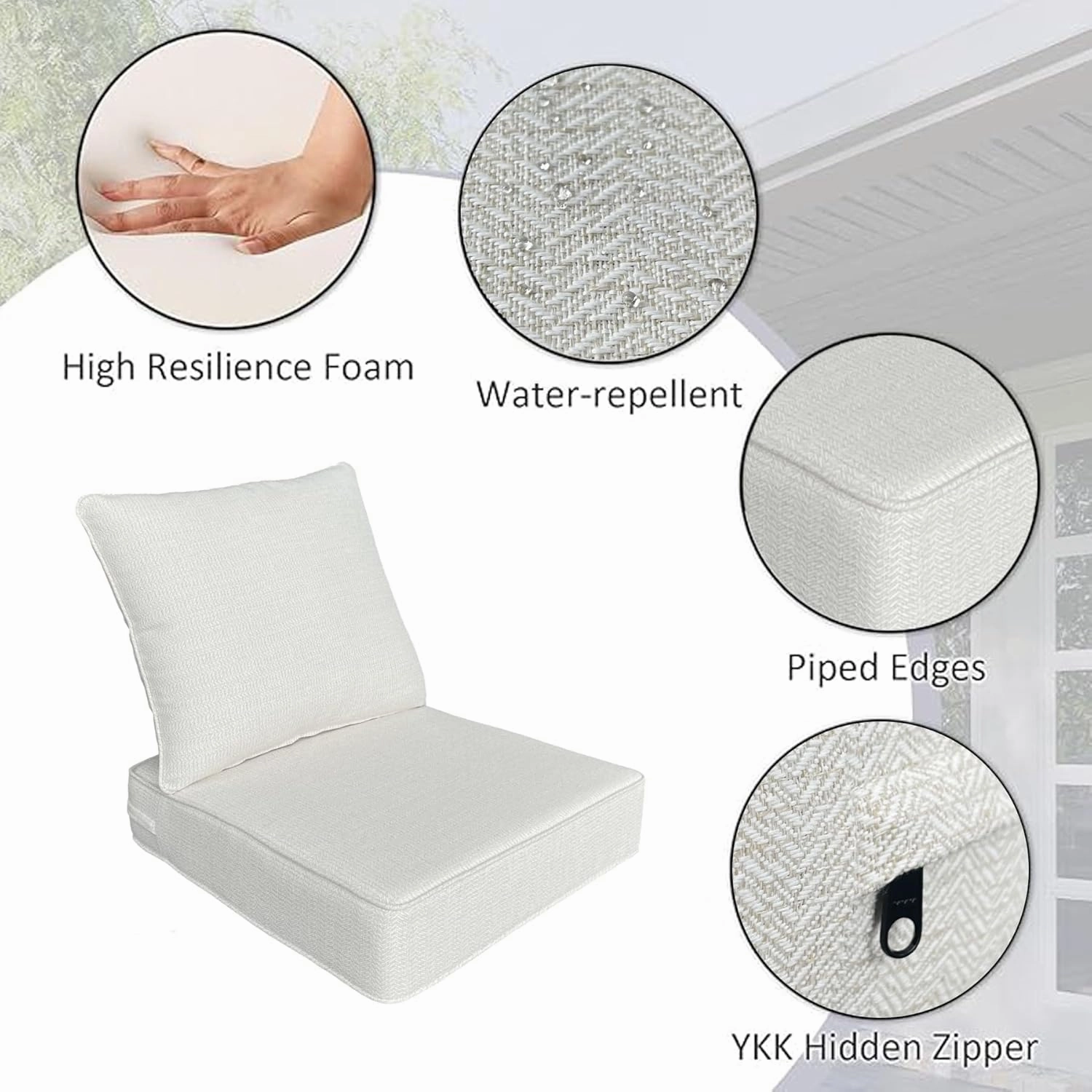 Outdoor/Indoor 22x24 inch Deep Seat Patio Cushions Set of 2 Resilient Foam Filling Water Repellent Stain-Resistant UV Resistant Weather Resistant Patio Cushions Cream White Bamboo