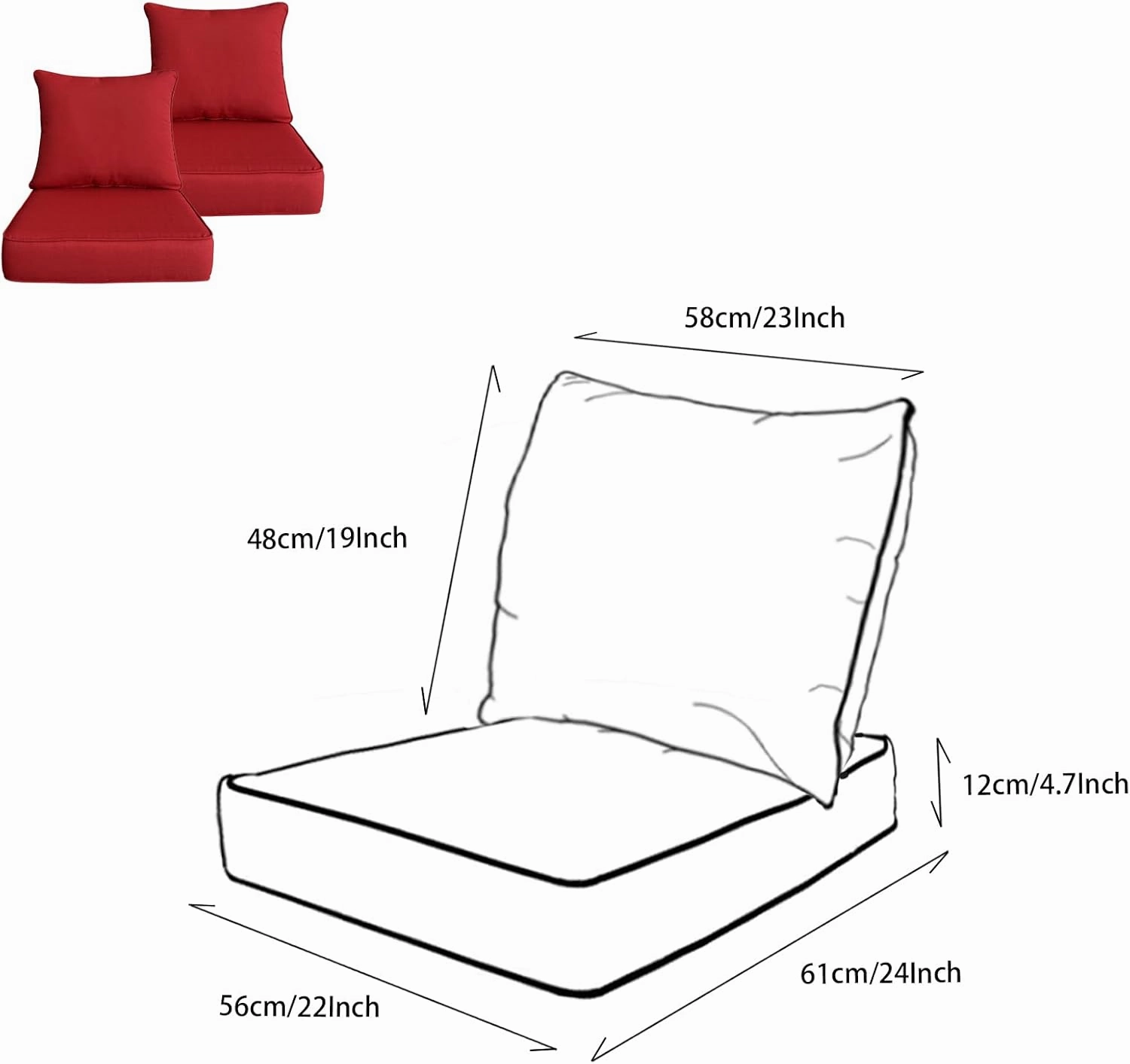 Outdoor/Indoor 22x24 inch Deep Seat Patio Cushions Set of 2 Resilient Foam Filling Water Repellent Stain-Resistant UV Resistant Weather Resistant Patio Cushions Red