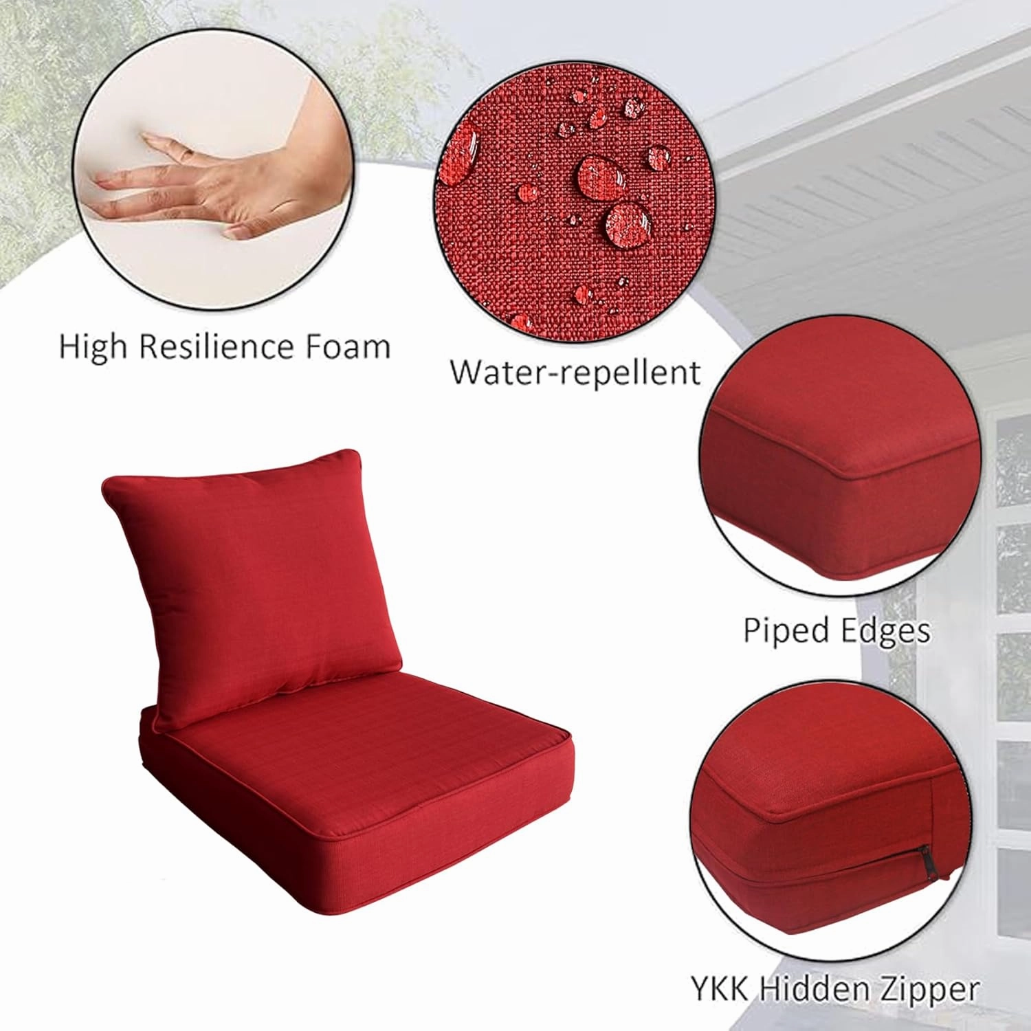 Outdoor/Indoor 22x24 inch Deep Seat Patio Cushions Set of 2 Resilient Foam Filling Water Repellent Stain-Resistant UV Resistant Weather Resistant Patio Cushions Red