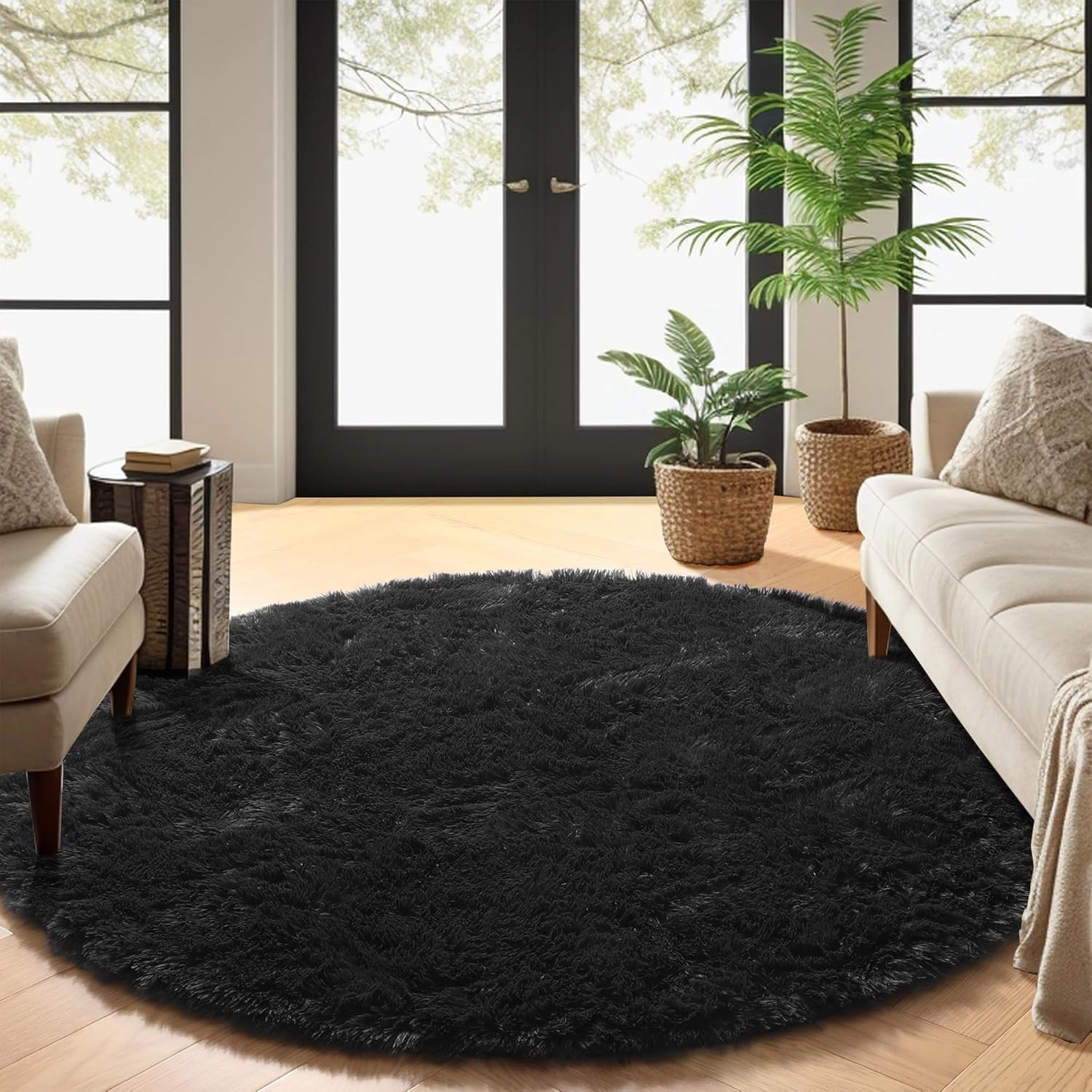 PAGISOFE Black Round Rug 4Ft Area Rug, Circle Rugs for Living Room, Kids Bedroom, Fluffy Carpets, Indoor Shaggy Rugs Small Teepee Furry Mat, Comfy Reading Rug, Circular Rug,Rugs for Girls Boys Room