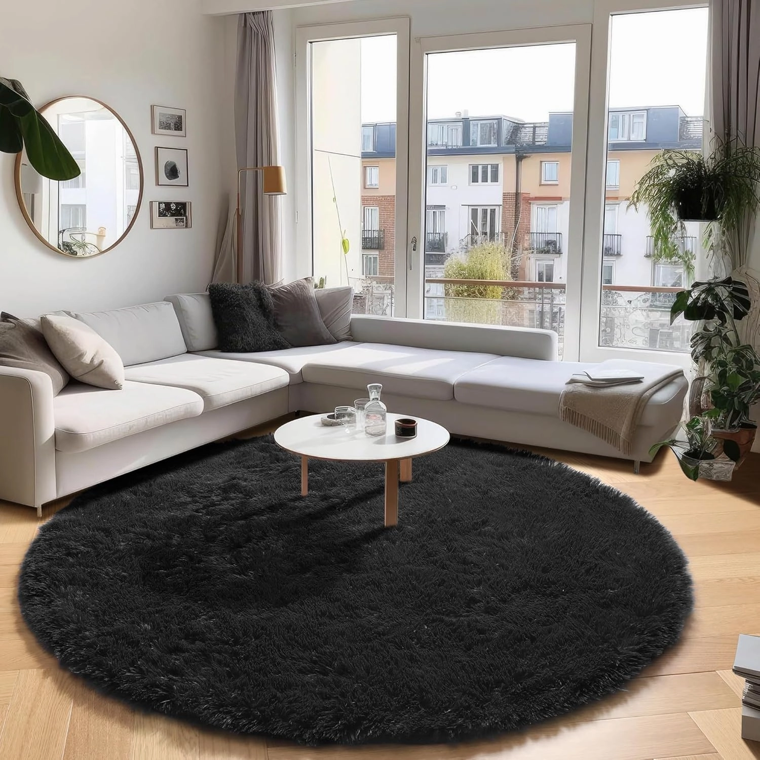 PAGISOFE Black Round Rug 4Ft Area Rug, Circle Rugs for Living Room, Kids Bedroom, Fluffy Carpets, Indoor Shaggy Rugs Small Teepee Furry Mat, Comfy Reading Rug, Circular Rug,Rugs for Girls Boys Room