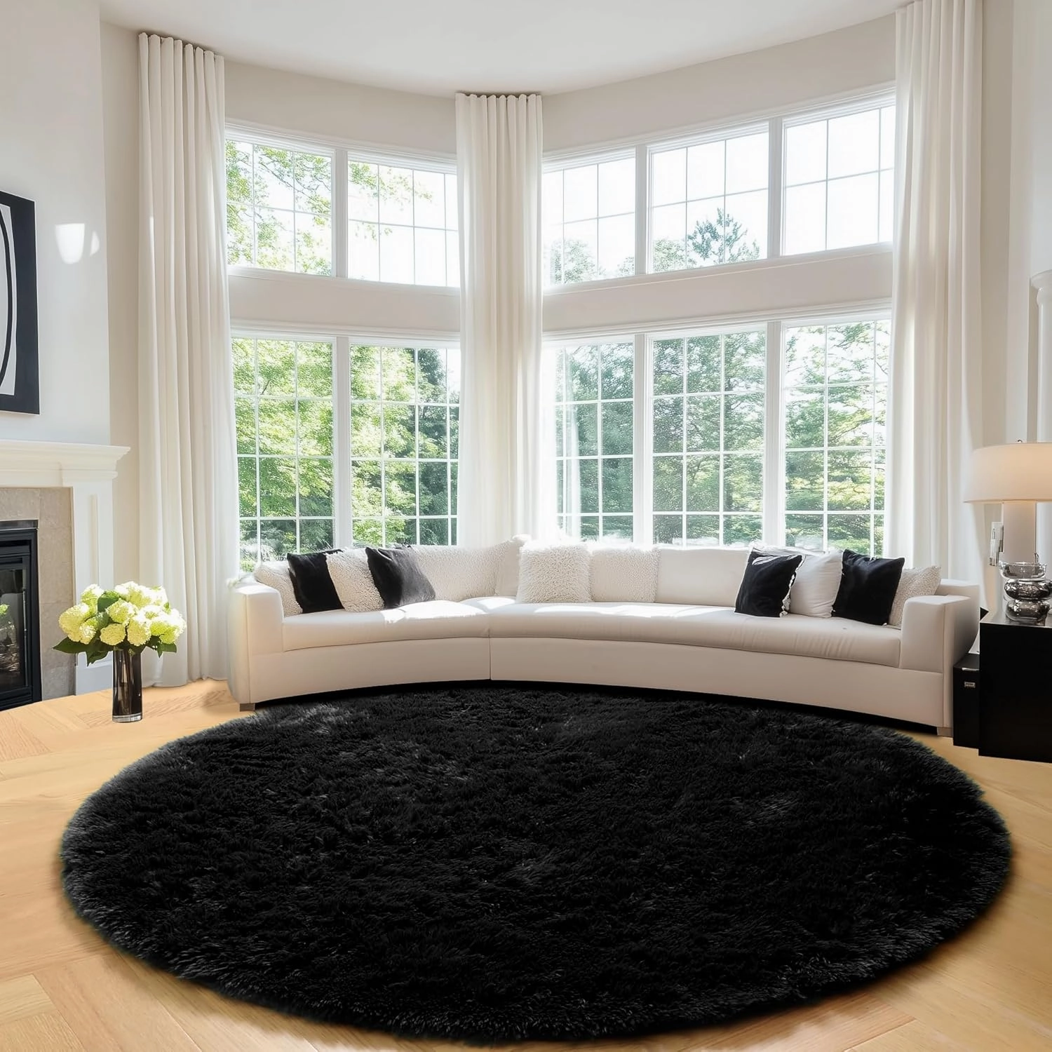 PAGISOFE Black Round Rugs 5Ft, Circle Rugs for Kids Bedroom, Shaggy Living Room Rugs, Indoor Teepee Furry Mat, Comfy Reading Rug, Fluffy Round Carpets for Womens Girls Boys Room Decor Aesthetic