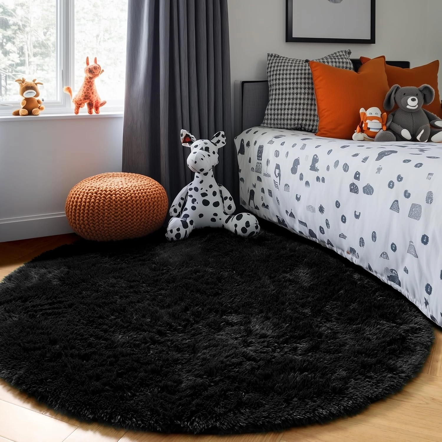 PAGISOFE Black Round Rugs 5Ft, Circle Rugs for Kids Bedroom, Shaggy Living Room Rugs, Indoor Teepee Furry Mat, Comfy Reading Rug, Fluffy Round Carpets for Womens Girls Boys Room Decor Aesthetic