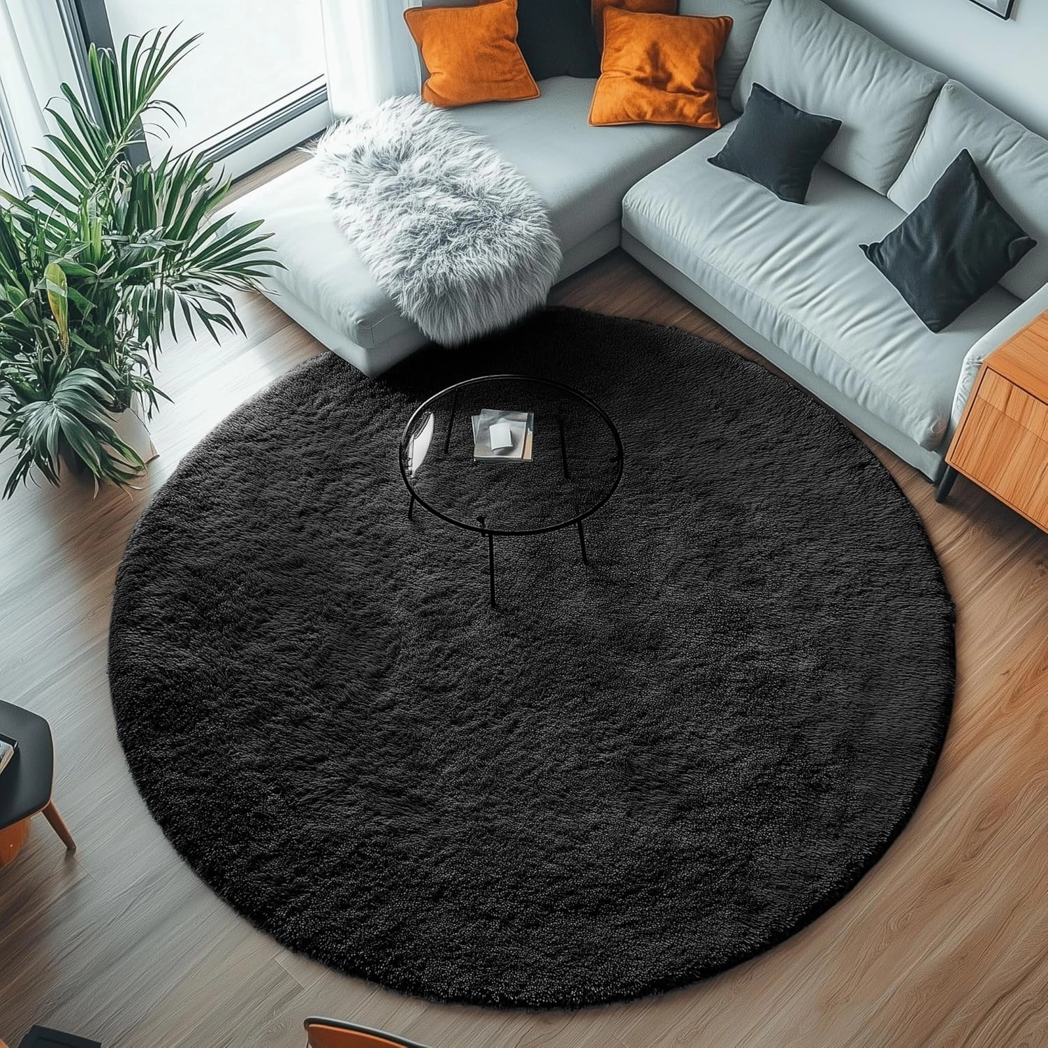 PAGISOFE Black Round Rugs 5Ft, Circle Rugs for Kids Bedroom, Shaggy Living Room Rugs, Indoor Teepee Furry Mat, Comfy Reading Rug, Fluffy Round Carpets for Womens Girls Boys Room Decor Aesthetic