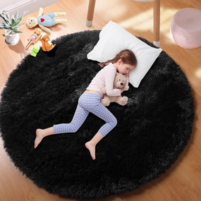 PAGISOFE Black Round Rugs 5Ft, Circle Rugs for Kids Bedroom, Shaggy Living Room Rugs, Indoor Teepee Furry Mat, Comfy Reading Rug, Fluffy Round Carpets for Womens Girls Boys Room Decor Aesthetic