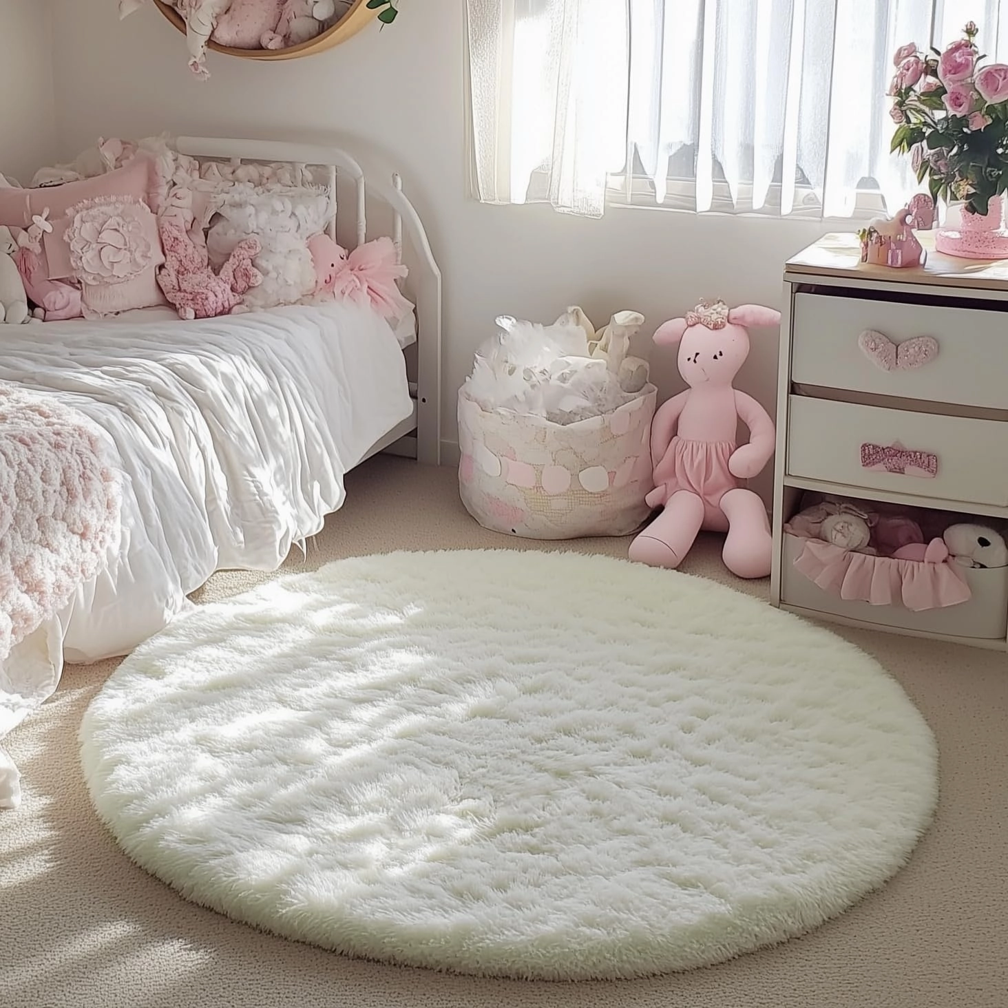 PAGISOFE Cream White Round Rugs 5Ft, Fluffy Shaggy Ivory Carpets, Rugs for Girls Boys Baby Kids Bedroom, Indoor Furry Comfy Teepee Mats, Circular Rug for Reading Area Nursery Room Decor Aesthetic