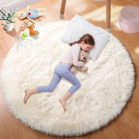 PAGISOFE Cream White Round Rugs 5Ft, Fluffy Shaggy Ivory Carpets, Rugs for Girls Boys Baby Kids Bedroom, Indoor Furry Comfy Teepee Mats, Circular Rug for Reading Area Nursery Room Decor Aesthetic