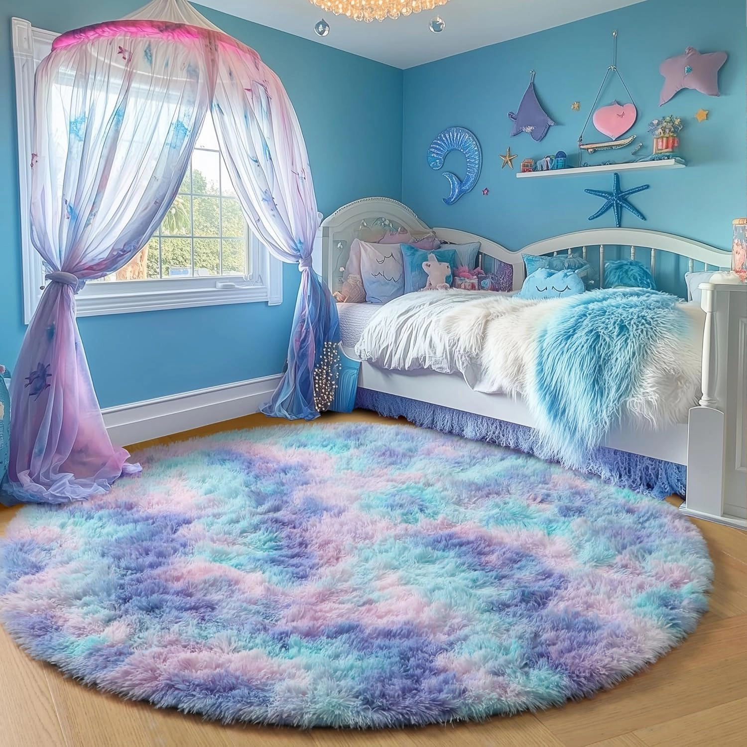 PAGISOFE Fluffy Kawaii Round Rug 4Ft for Girls Bedroom Decor, Purple Rainbow Mermaid Rugs for Kids Playroom, Teen Girl Room, Nursery, Dorm, Cute Furry Pastel Rug, Soft Plush Tent Carpet