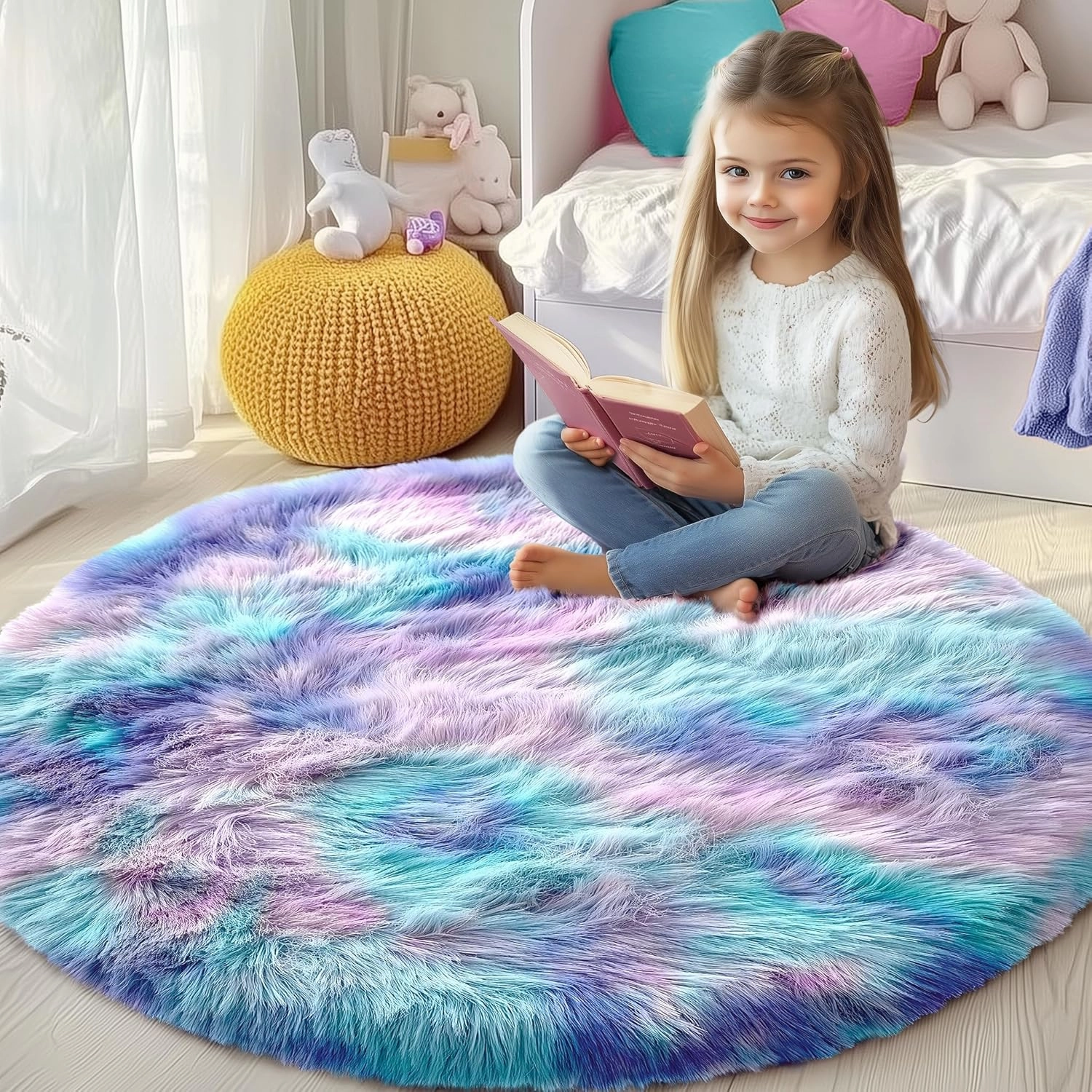 PAGISOFE Fluffy Kawaii Round Rug 4Ft for Girls Bedroom Decor, Purple Rainbow Mermaid Rugs for Kids Playroom, Teen Girl Room, Nursery, Dorm, Cute Furry Pastel Rug, Soft Plush Tent Carpet