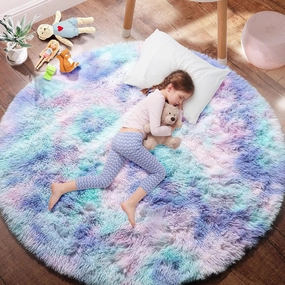 PAGISOFE Fluffy Kawaii Round Rug 4Ft for Girls Bedroom Decor, Purple Rainbow Mermaid Rugs for Kids Playroom, Teen Girl Room, Nursery, Dorm, Cute Furry Pastel Rug, Soft Plush Tent Carpet