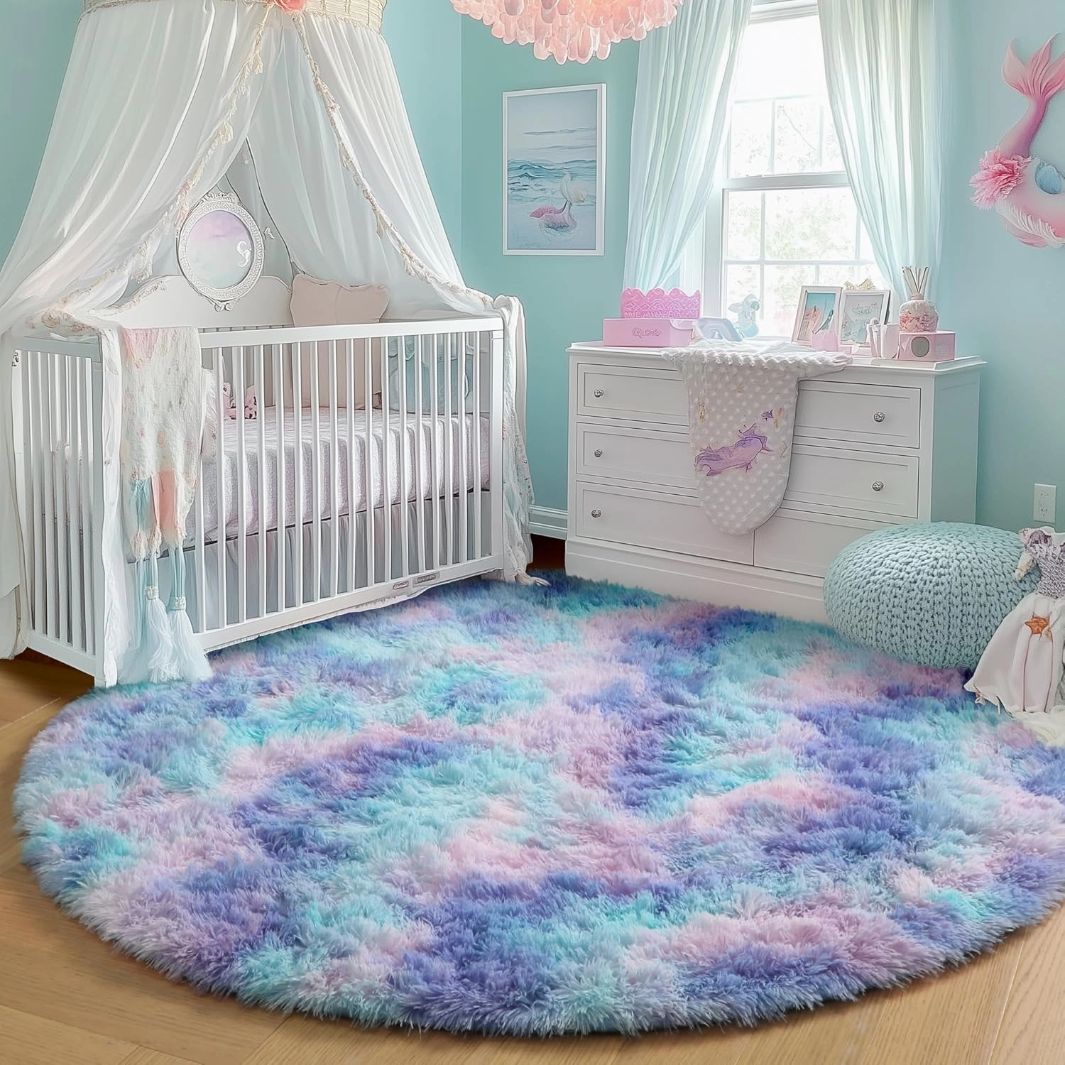 PAGISOFE Fluffy Kawaii Round Rug 4Ft for Girls Bedroom Decor, Purple Rainbow Mermaid Rugs for Kids Playroom, Teen Girl Room, Nursery, Dorm, Cute Furry Pastel Rug, Soft Plush Tent Carpet