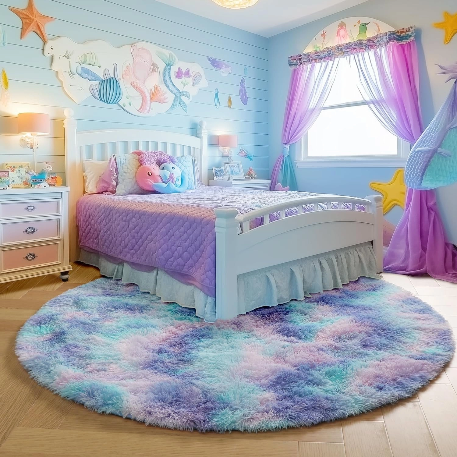 PAGISOFE Fluffy Kawaii Round Rug 4Ft for Girls Bedroom Decor, Purple Rainbow Mermaid Rugs for Kids Playroom, Teen Girl Room, Nursery, Dorm, Cute Furry Pastel Rug, Soft Plush Tent Carpet