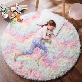 PAGISOFE Round Rugs 5Ft, Fluffy Rugs for Bedroom,Cute Rug for Girls Room,Fuzzy Rugs for Nursery Playroom,Circle Rug for Kids Room,Shag Furry Carpet for Reading Nook, Baby Room, Rainbow