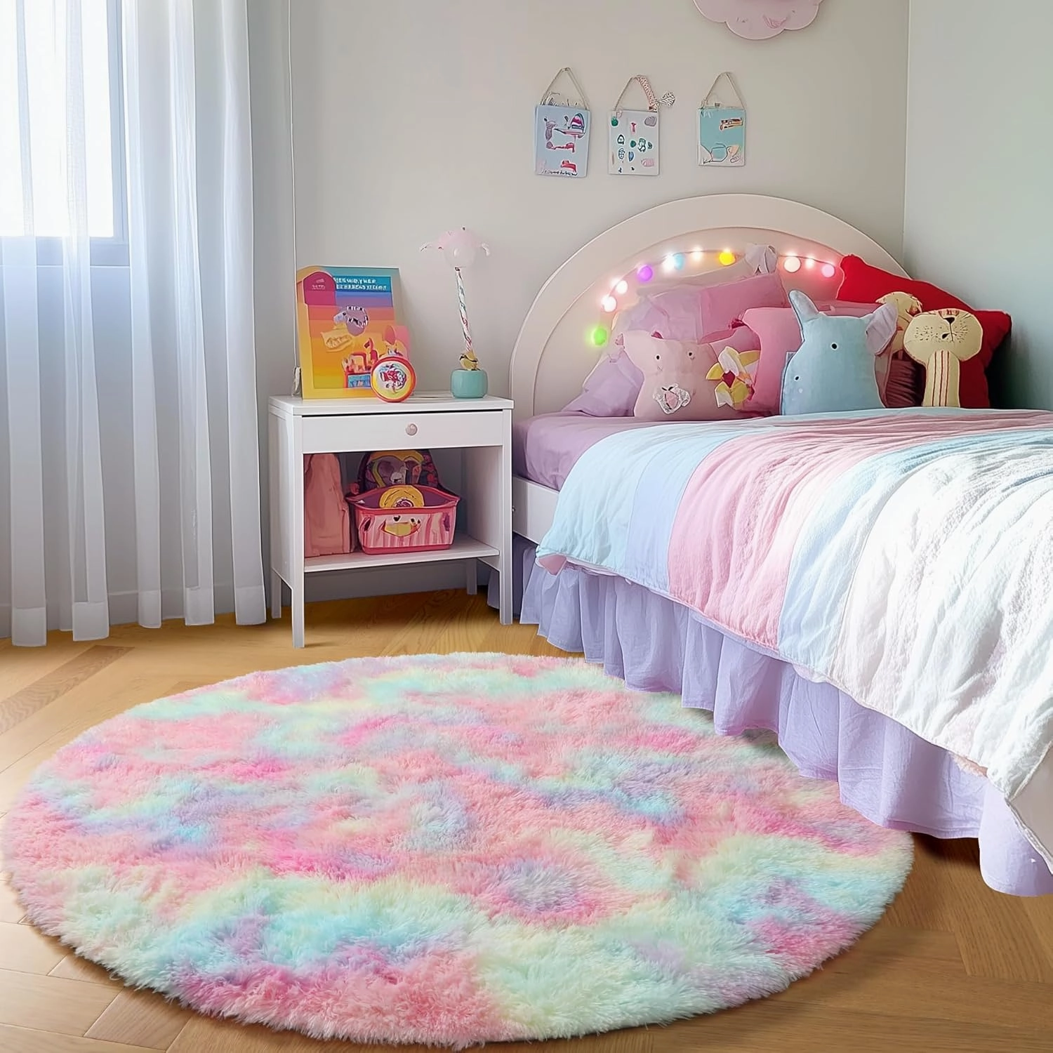 PAGISOFE Round Rugs 5Ft, Fluffy Rugs for Bedroom,Cute Rug for Girls Room,Fuzzy Rugs for Nursery Playroom,Circle Rug for Kids Room,Shag Furry Carpet for Reading Nook, Baby Room, Rainbow