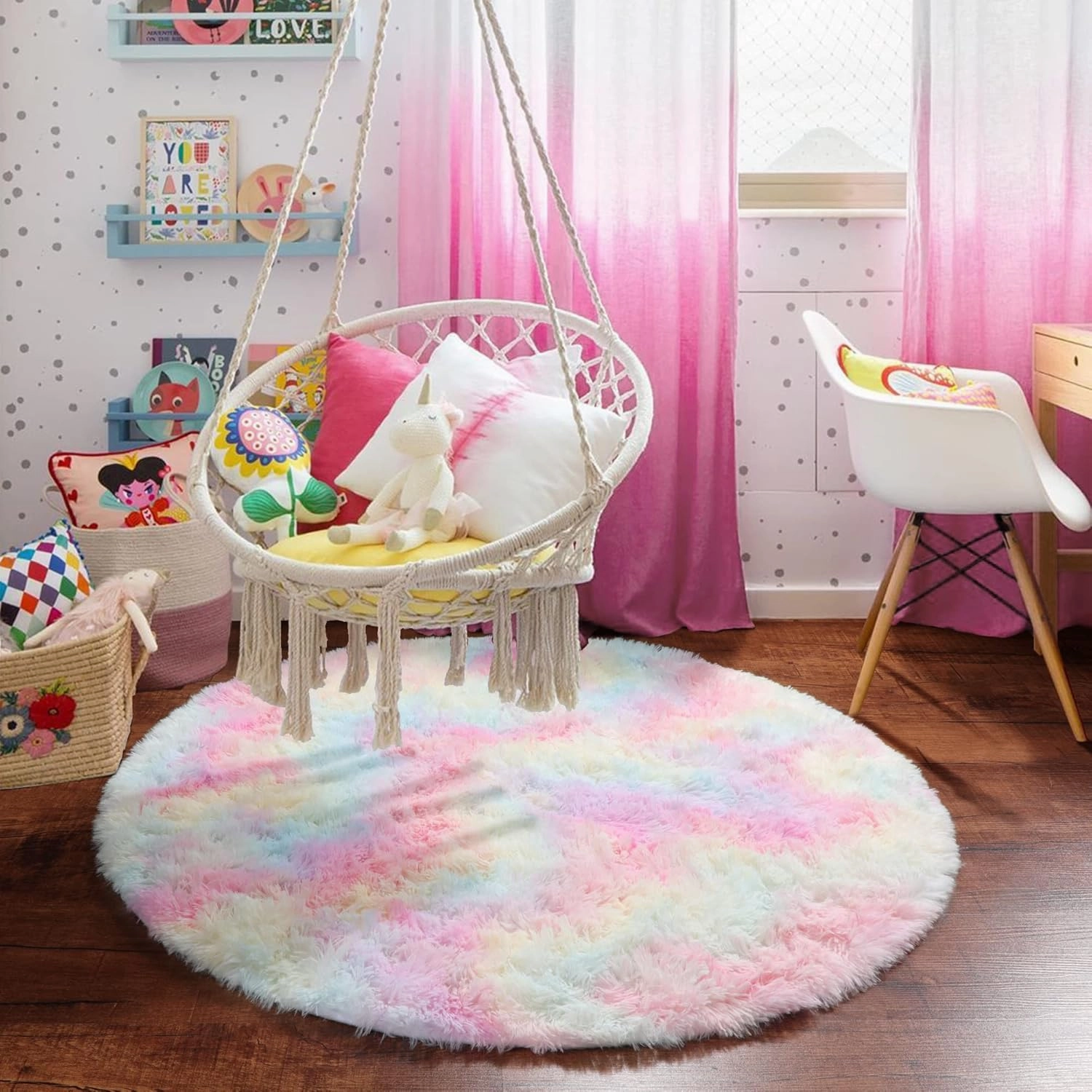 PAGISOFE Round Rugs 5Ft, Fluffy Rugs for Bedroom,Cute Rug for Girls Room,Fuzzy Rugs for Nursery Playroom,Circle Rug for Kids Room,Shag Furry Carpet for Reading Nook, Baby Room, Rainbow