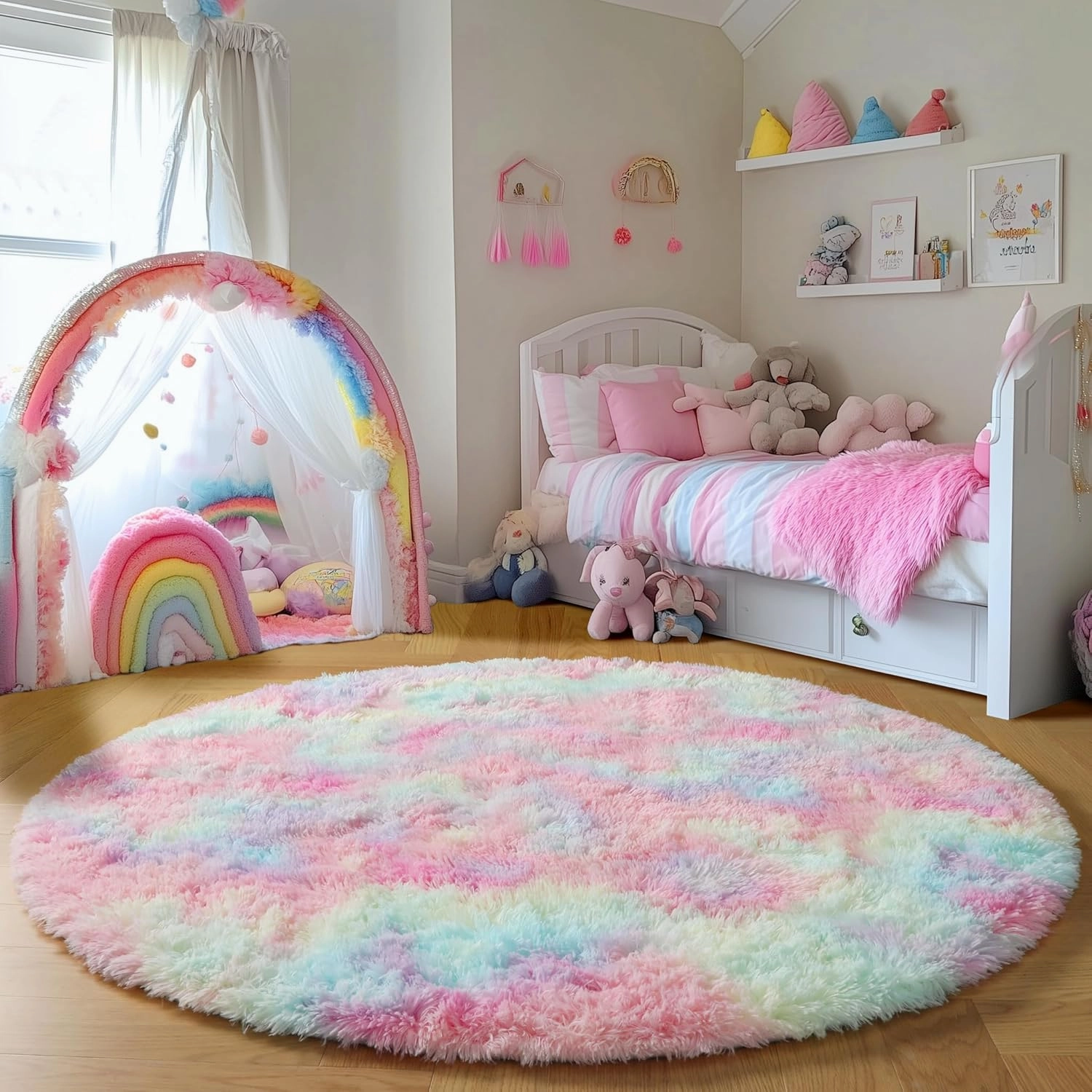 PAGISOFE Round Rugs 5Ft, Fluffy Rugs for Bedroom,Cute Rug for Girls Room,Fuzzy Rugs for Nursery Playroom,Circle Rug for Kids Room,Shag Furry Carpet for Reading Nook, Baby Room, Rainbow