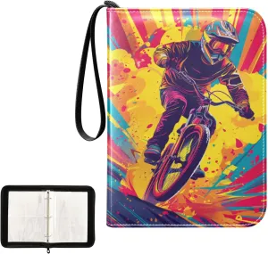Painting Bike Rider Running Card Binder 4 Pocket, Trading Card Holder Fits 400 Game Cards with 50 Removable Sleeves, MTG Card Case Standard Size