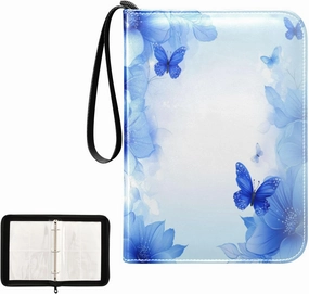 Painting Blue Flowers Butterfly Card Binder 4 Pocket, Trading Card Holder Fits 400 Game Cards with 50 Removable Sleeves, MTG Card Case Standard Size