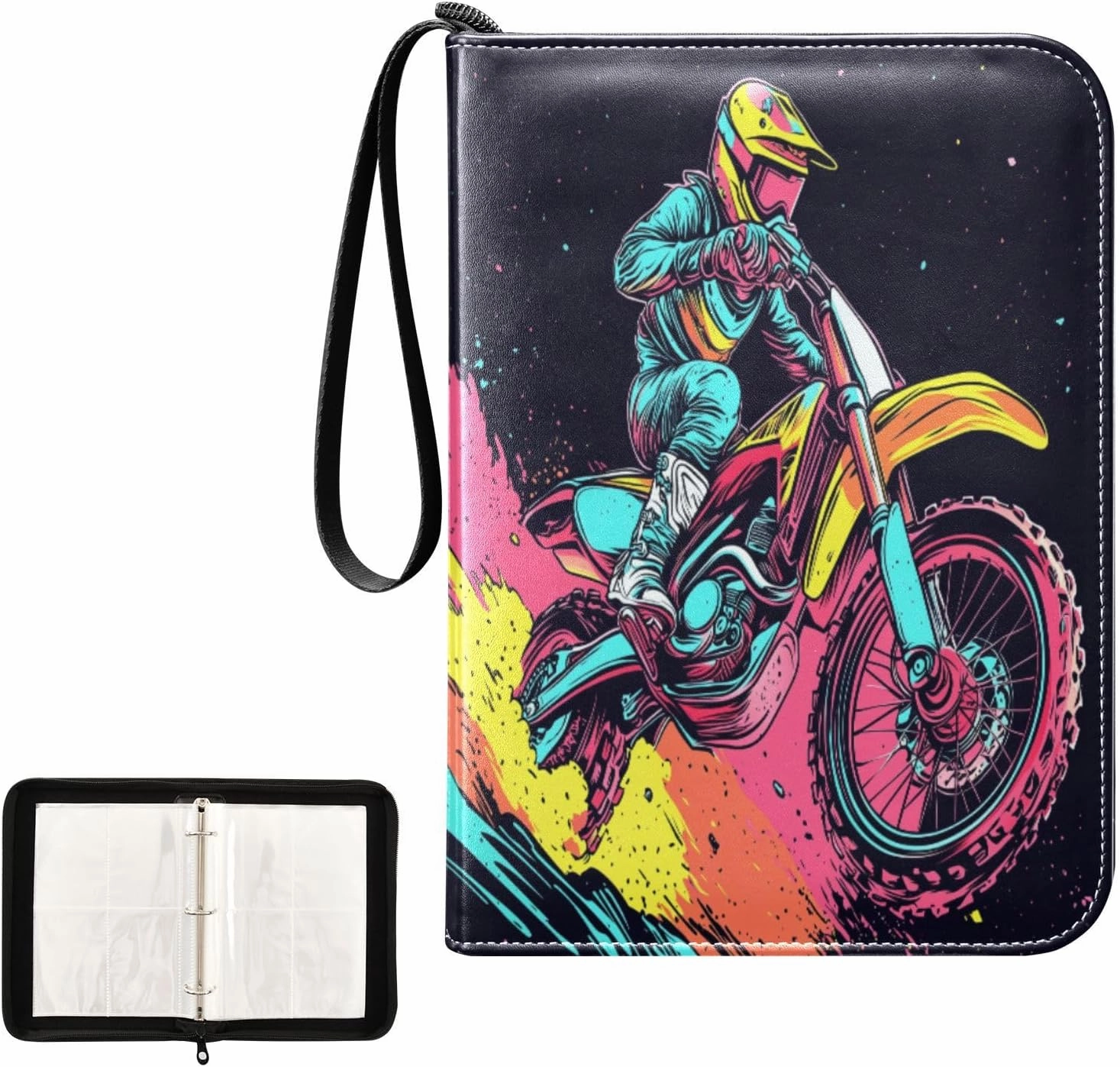 Painting Motorcycle Rider Card Binder 4 Pocket, Trading Card Holder Fits 400 Game Cards with 50 Removable Sleeves, MTG Card Case Standard Size